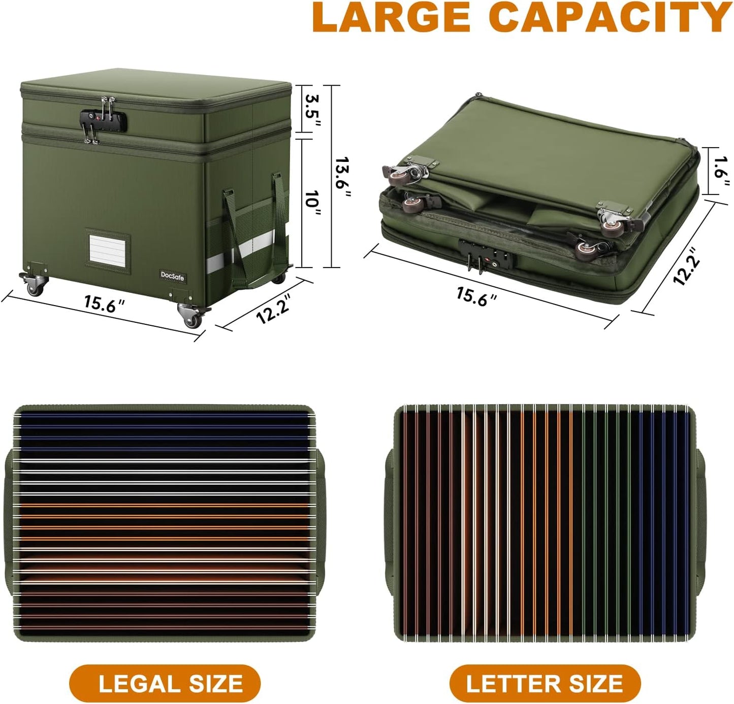 DocSafe File Box with Lock,2-Layer Fireproof Document Box with Wheels,Collapsible Rolling File Storage Organizer with Pockets,Large Portable Home Office Filing Cabinet Safe for Hanging Folders,Green