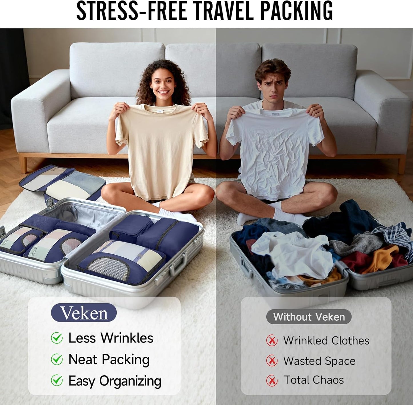 Veken 10 Set Packing Cubes for Travel Essentials,Anti-Wrinkle Buckled Suitcase Organizer for Shoe & Toiletry Bag,Carry On Luggage Bag for Airplane & College Dorm Room Accessories,Women Men Gifts