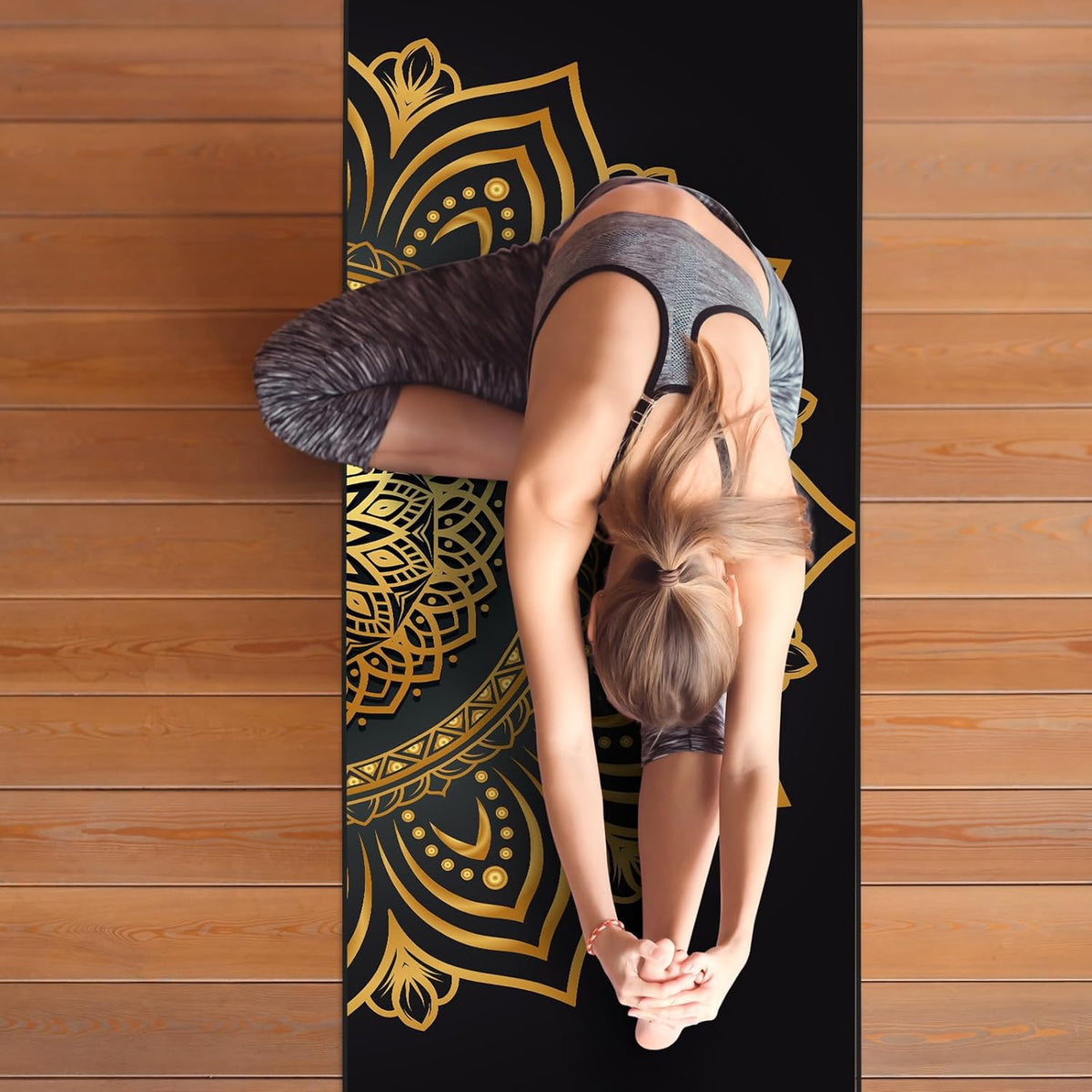 Hot Yoga Towel with Grip Dots, Non Slip, 74"x26", Gold Mandala