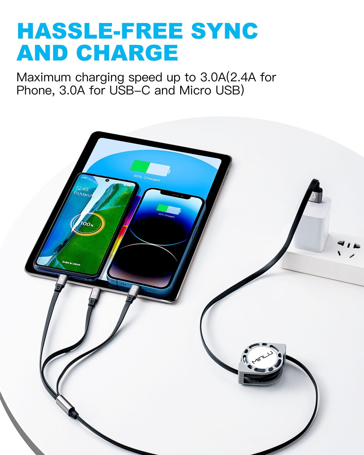Multi Charging Cable 3A, [2Pack 4ft] Retractable Multi Charging Cord 3 in 1 Fast Charger Cord, USB C Charger Adapter with Lightning/Type C/Micro USB Ports for Cell Phones/iPhone/Samsung/PS/Tablets