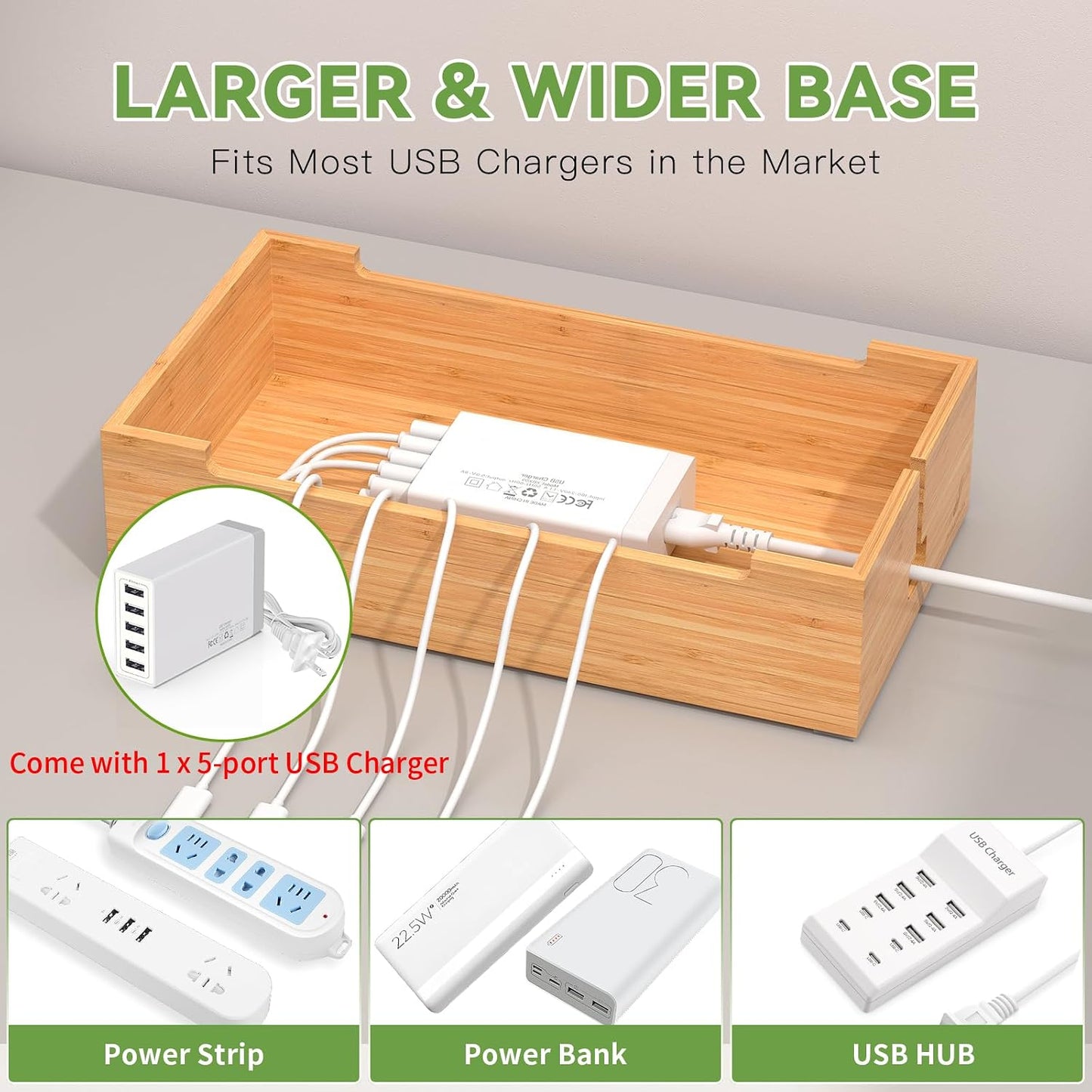Pezin & Hulin Cell Phone Charging Station for Multi Devices-Natural Bamboo | All in One Desktop Charger Organizer, with Power USB Charge Adapter and 6 Cables, Use As Power Strip Hidden Box