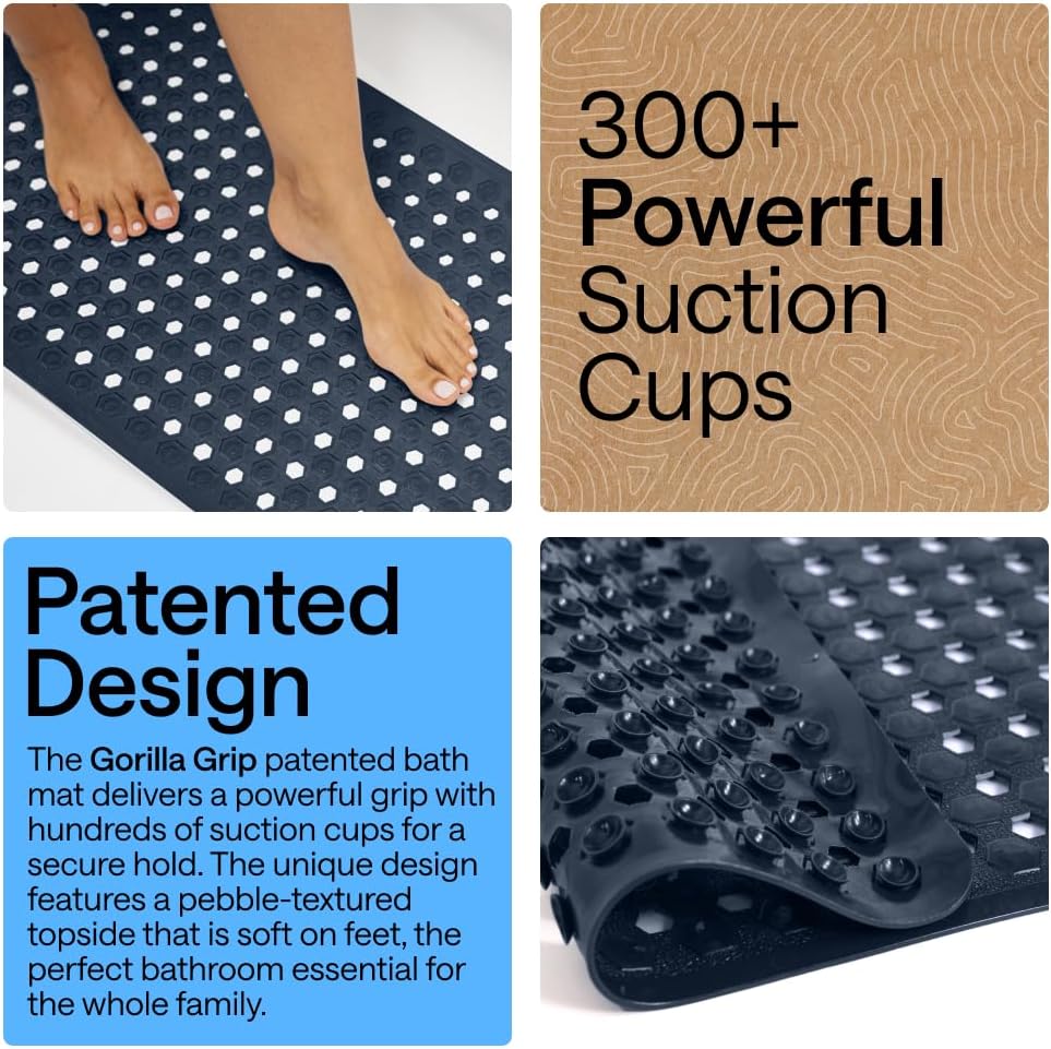 GORILLA GRIP Patented Bath Tub Shower Mat, Machine Washable Bathtub Floor Liner Mats, Suction Cups and Drain Holes to Keep Tubs Clean, Soft on Feet, Bathroom Essentials, 35x16 Inch, Navy Opaque