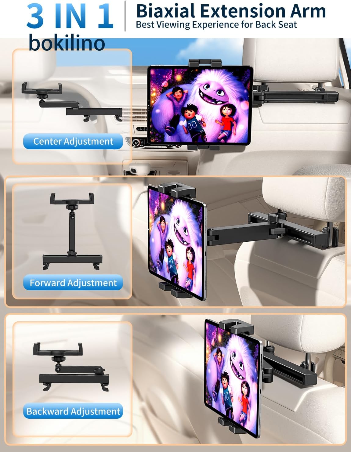 bokilino Tablet Holder for Car Headrest, [3 in 1 Adjustable Extension Arm] iPad Car Mount for Back Seat, Road Trip Essentials for Kids, for 4.7-12.9" Like iPad Pro, Air, Mini, Galaxy, Fire HD Tablet
