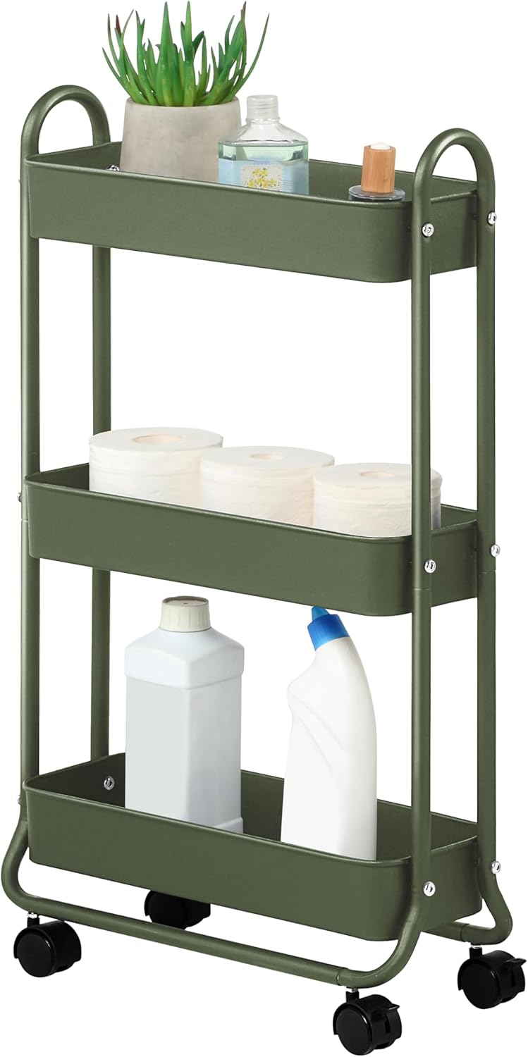 SunnyPoint Slim Rolling Storage Cart, 3 Tier Bathroom Storage Organizer Bathroom, Laundry Utility Cart (Army)