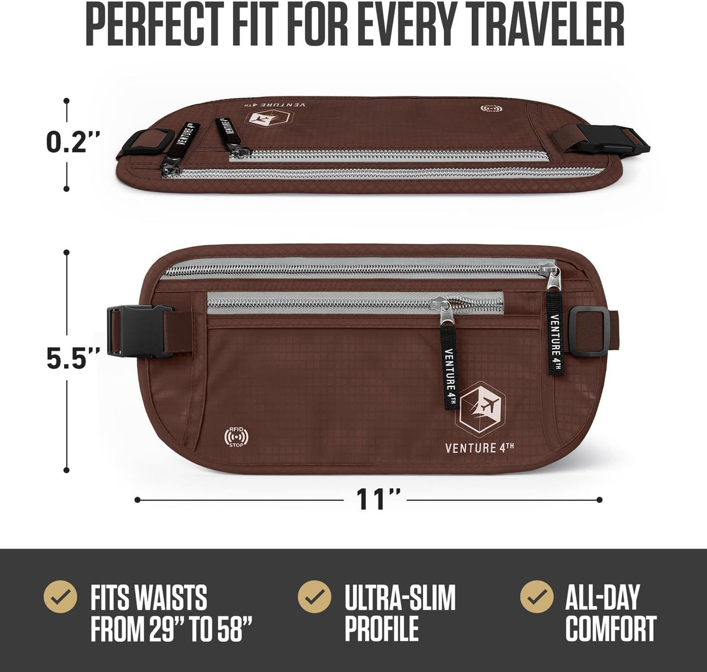VENTURE 4TH Money Belt for Travel – Slim Hidden Under-Clothes RFID Blocking Anti-Theft Passport Holder & Travel Wallet Pouch for Men & Women to Protect Cash, Cards & Documents (Brown)