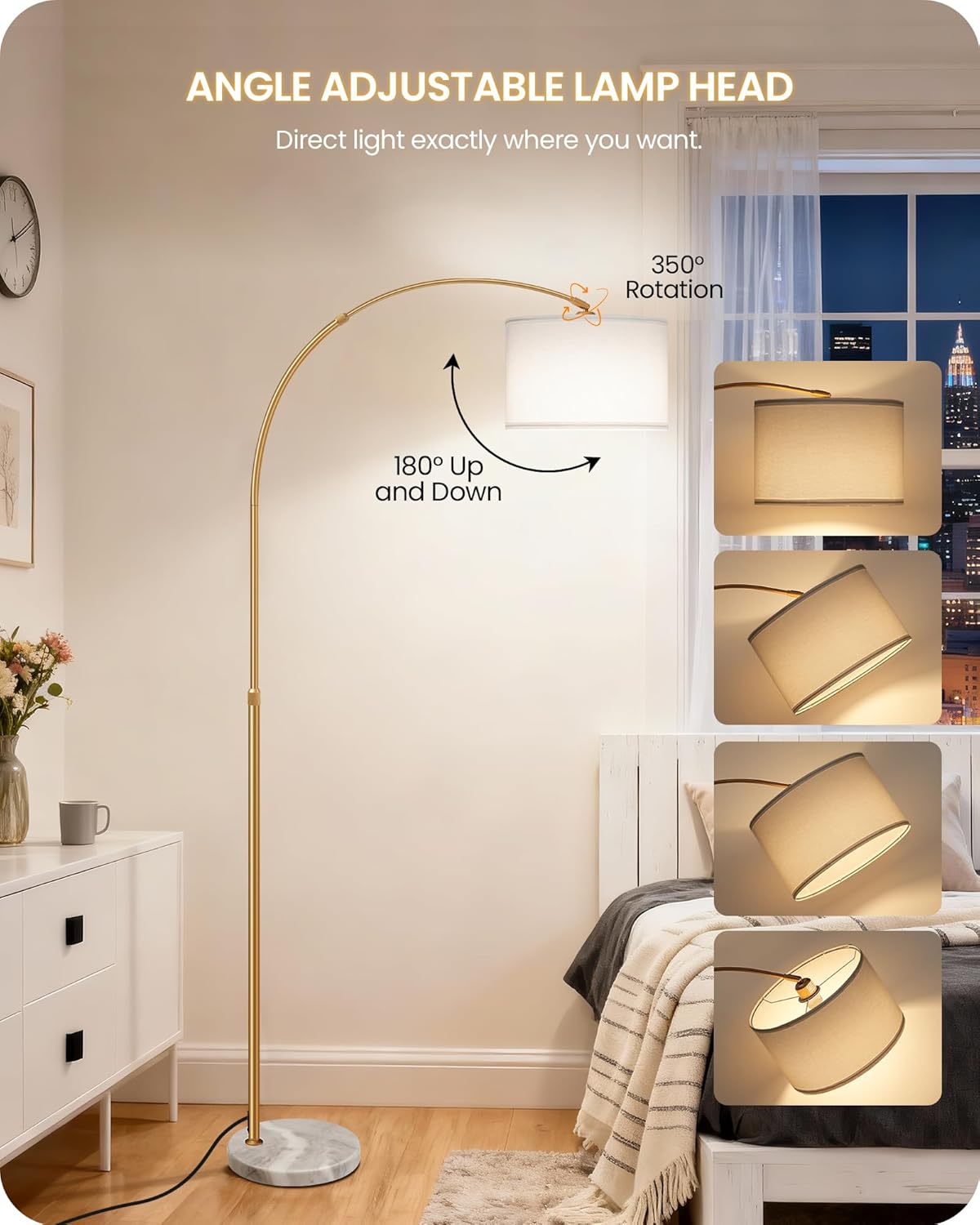 75" Arc Floor Lamp with Marble Base and Adjustable Height, Rotating Hanging Shade, Dimmable Floor Lamp for Living Room with Remote and Foot Switch, 3CCT, Over Couch Arched Light, White Gold DW15LD05