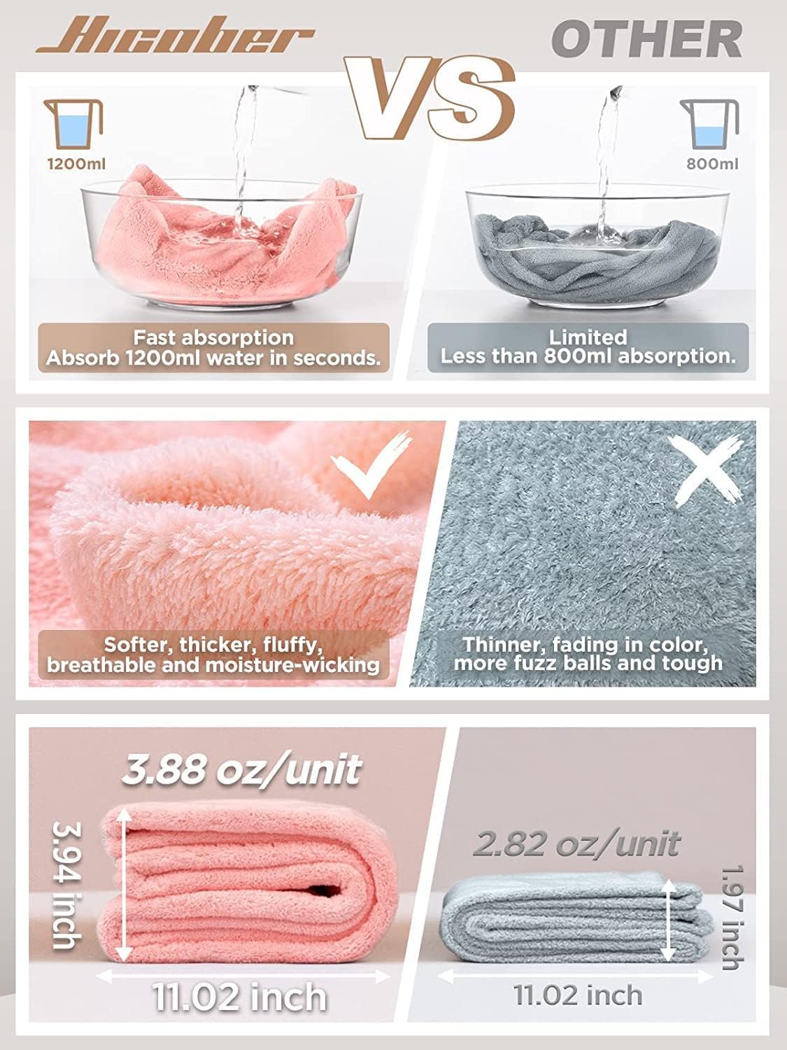 Hicober Microfiber Hair Towel, 3 Packs Hair Turbans for Wet Hair, Drying Hair Wrap Towels for Curly Hair Women Anti Frizz (Pink,Blue,Green)