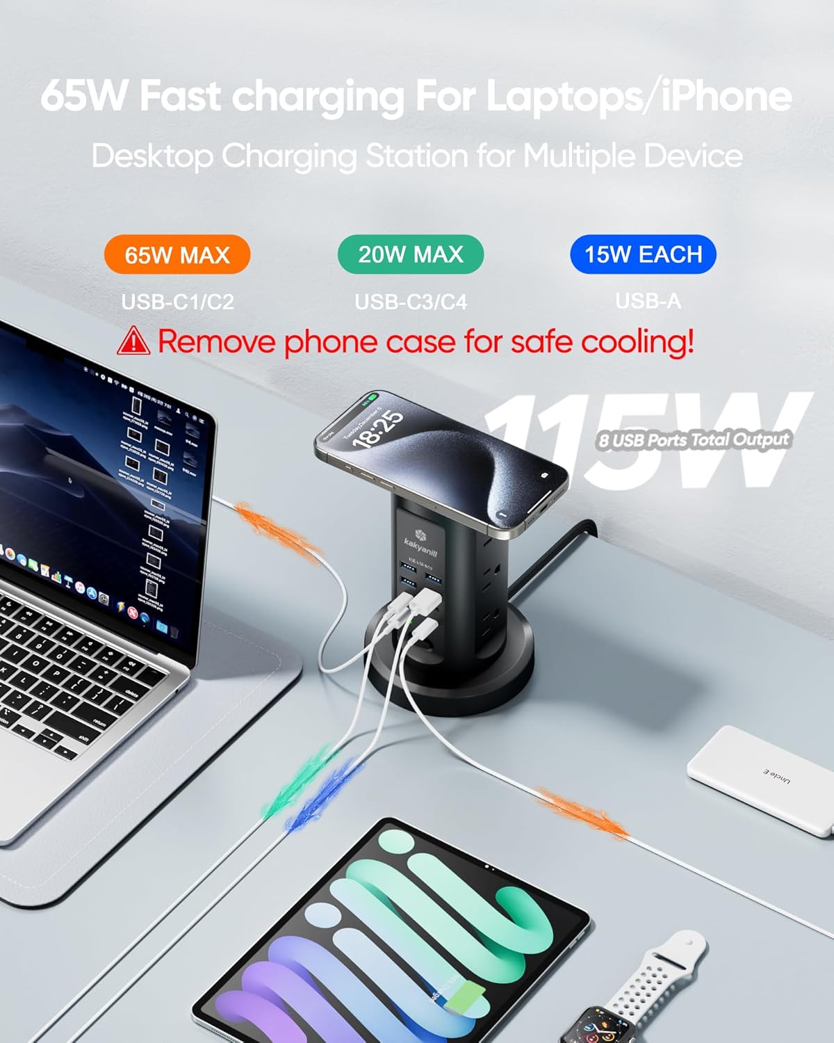 Kakyanill 115W USB Charging Station, Power Strip Tower, 9 AC Outlets with 8 USB Ports(4 USB-C), 6Ft Flat Plug Retractable Extension Cord, for Home Office Dorm, Black