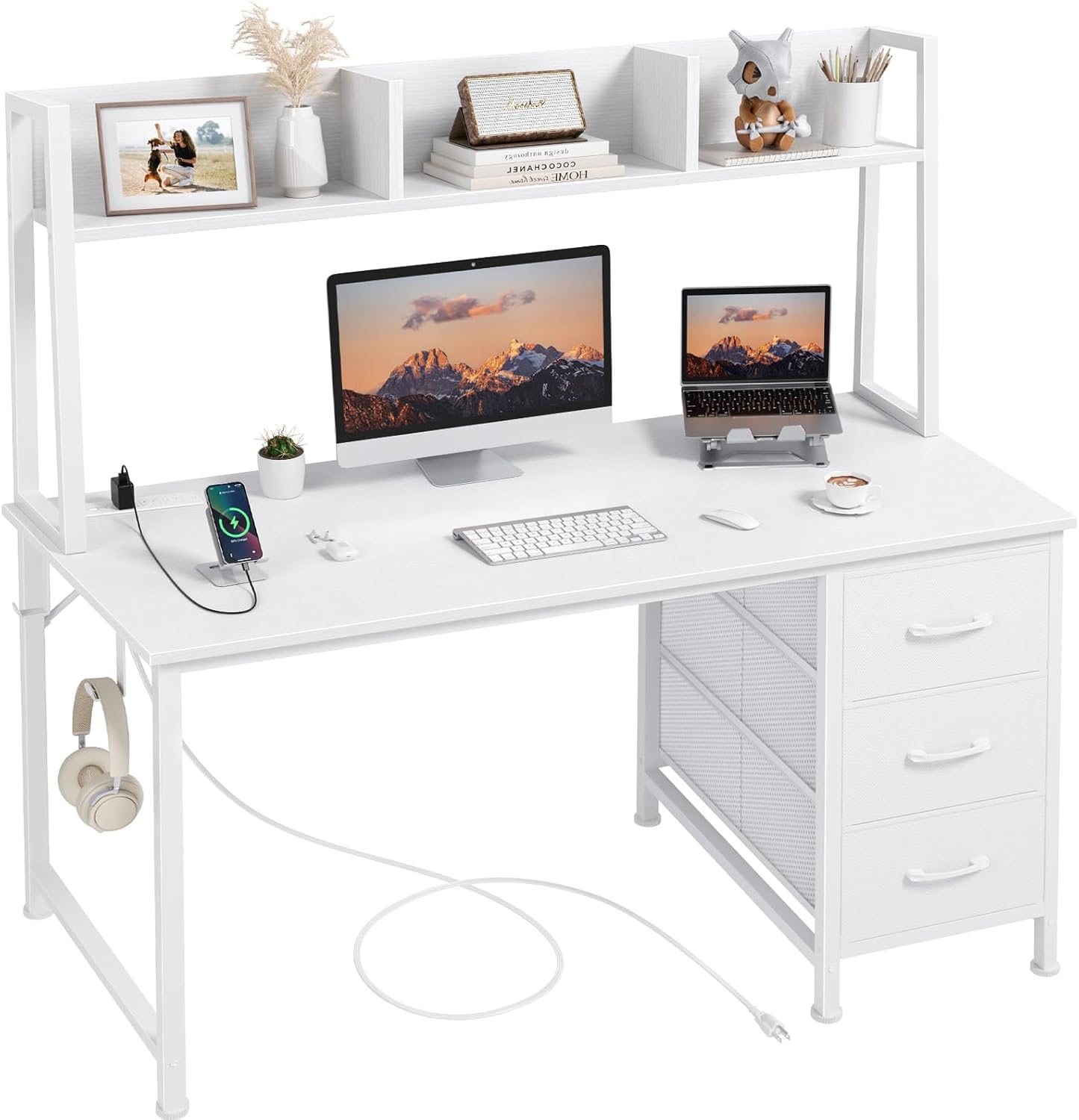 DLisiting White Computer Desk with Hutch & Drawers - 47 Inch Modern Study Writing Office Desk with 3 Storage Drawers and Power Outlets for Bedroom Home Office