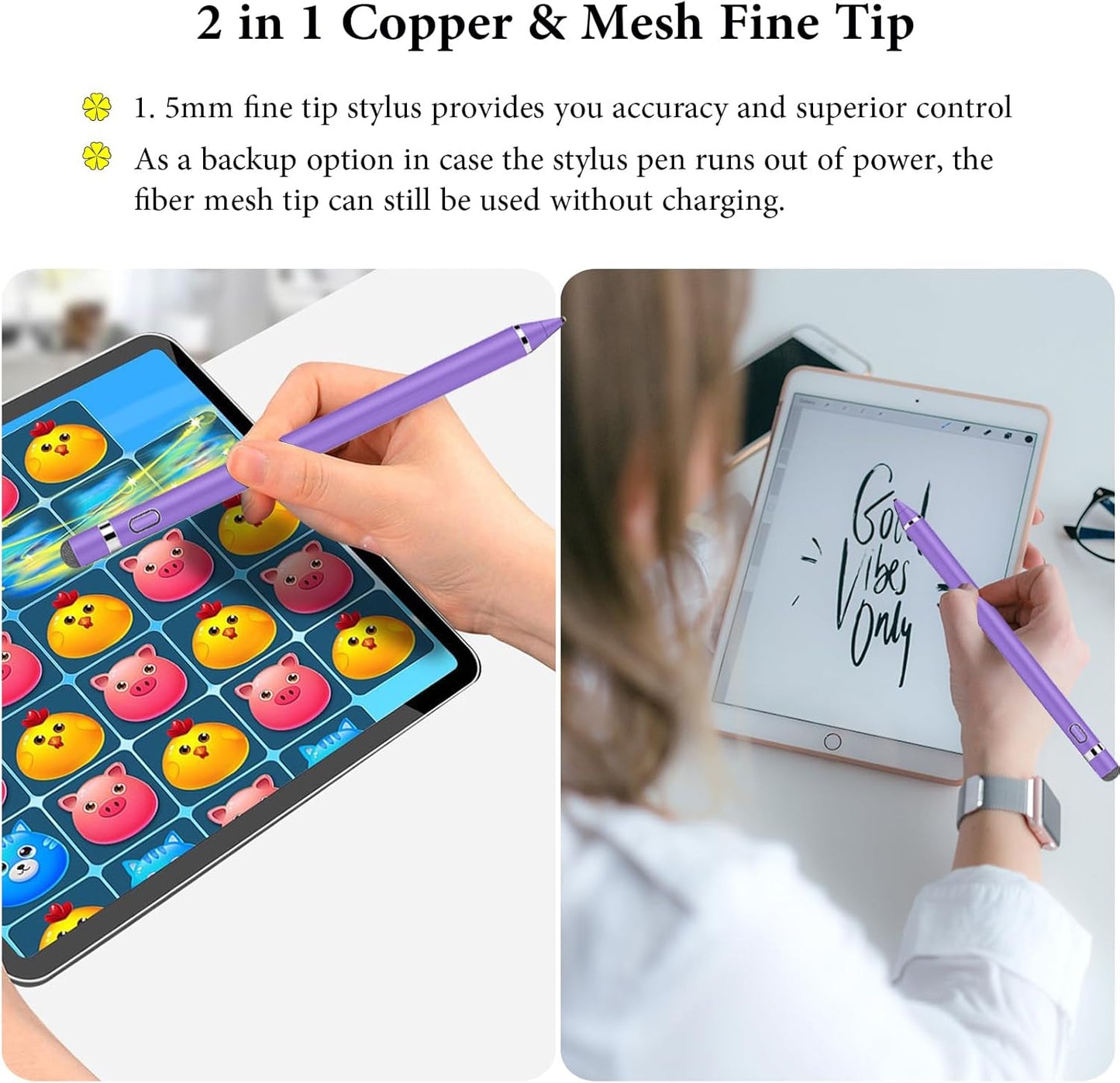 Stylus Pen for Touchscreen, Kenkor Rechargeable Digital Fine Point Active Tablet Pencil, Stylus Pen for iPhone/Android/Apple iPad Pro/Air/Mini/Samsung/Cellphone/Tablet Drawing & Writing - Purple