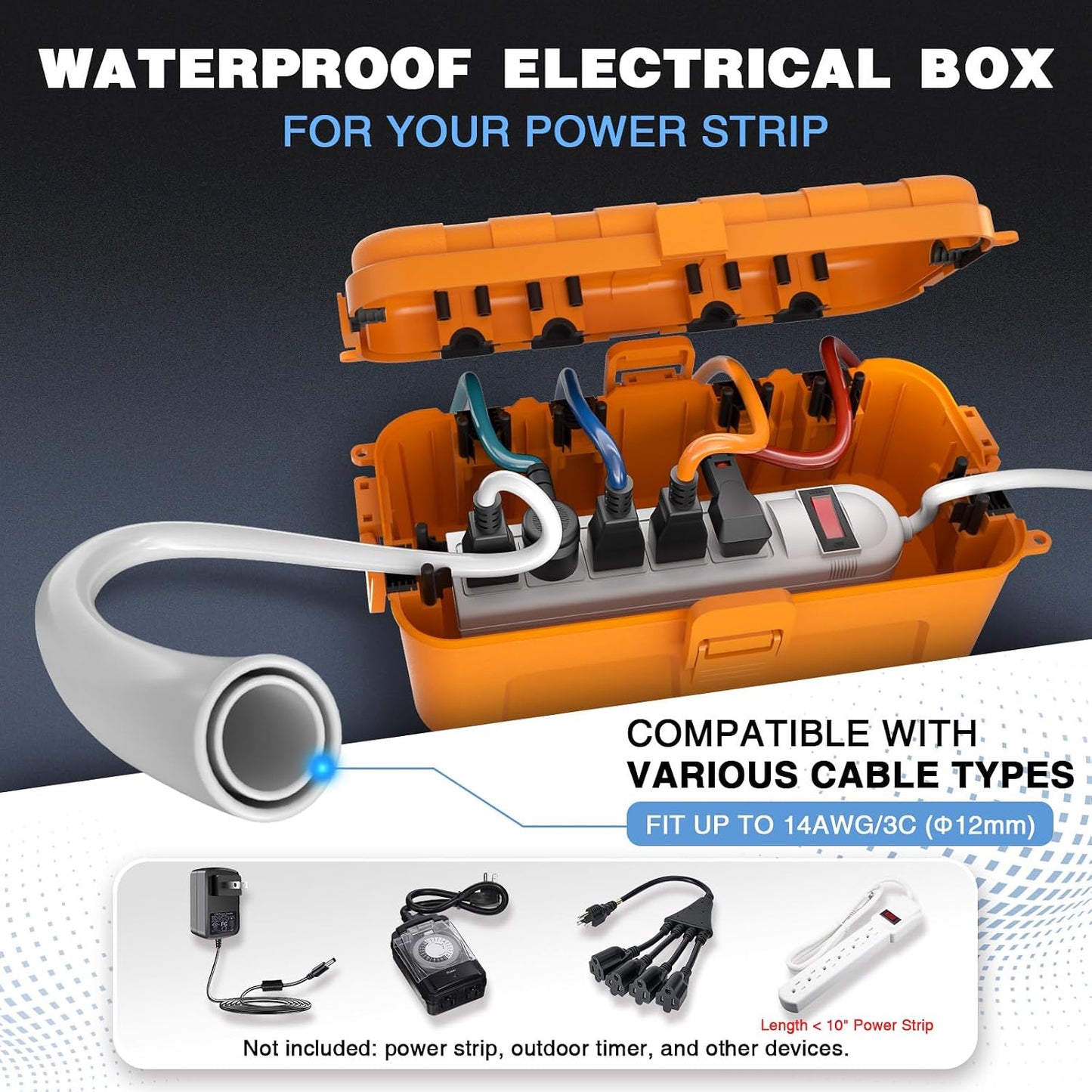 Flemoon Medium Outdoor Electrical Box, IP54 Waterproof Extension Cord Cover | Inner Size 9.4 x 4.3 x 3.2 Inch, 6 Cable Entry Ports, Weatherproof Connection Box for Outlet, Holiday Lights, Orange, 2 Pack