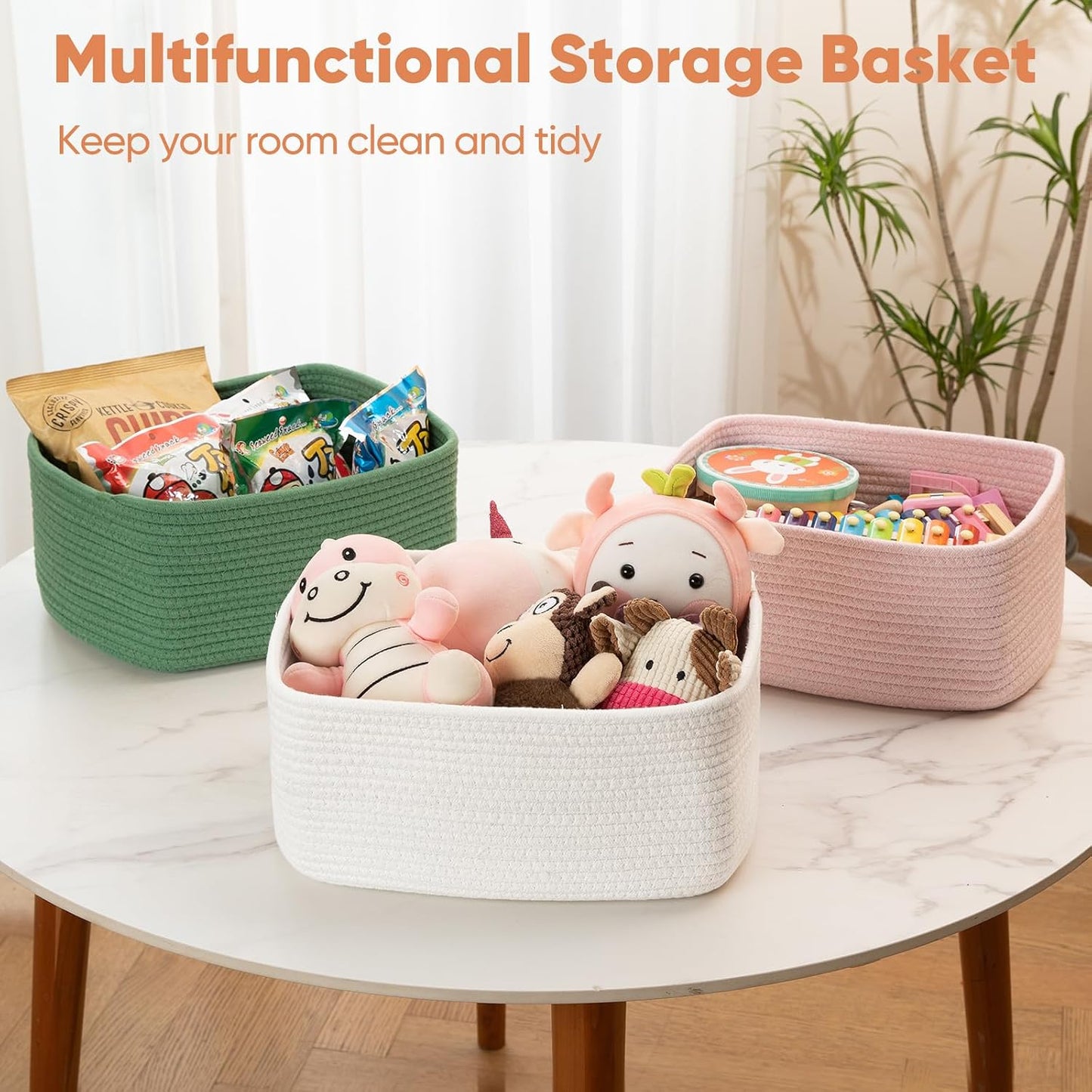 OIAHOMY 4 Pack 14.17 * 11.02 * 6.3IN Storage Baskets for Organizing Shelves, Woven Rope Baskets for Organizing Books, Clothes, Decorative Basket for Living Room, Nursery, Bedroom, Gift Basket, Green