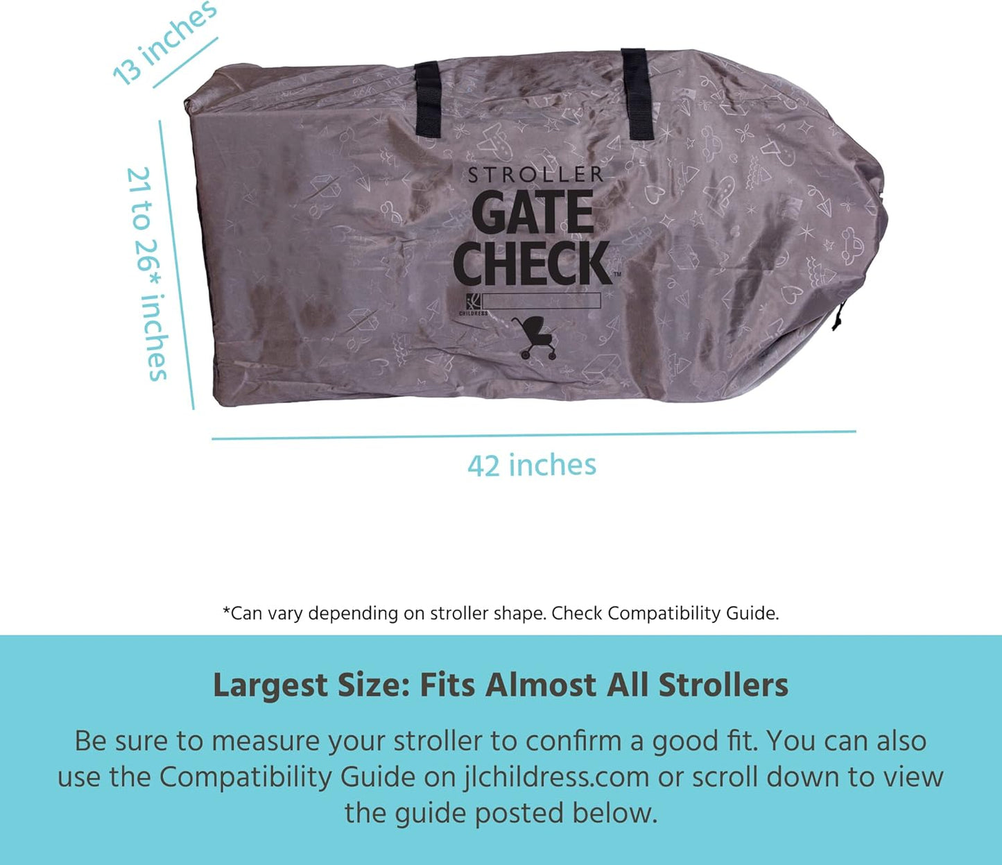 J.L. Childress Gate Check Bag for Single & Double Strollers - Travel Bag for Airplane, Fits Most Standard Baby Strollers, Airport Accessories for Gate Check, Flying Essentials - Deluxe, Grey