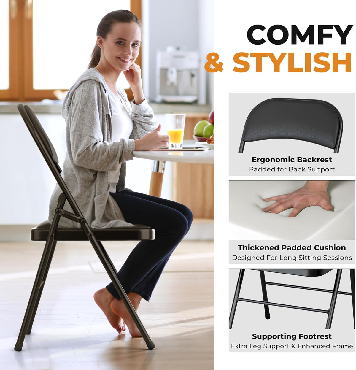 Our Modern Space 4 Pack Leather Chair | Foldable & Stackable | 350 lbs Capacity Steel Frame Seats for Indoor or Outdoor | Commercial Use Events Wedding Party Events Bulk Picnic Kitchen Dining - Black