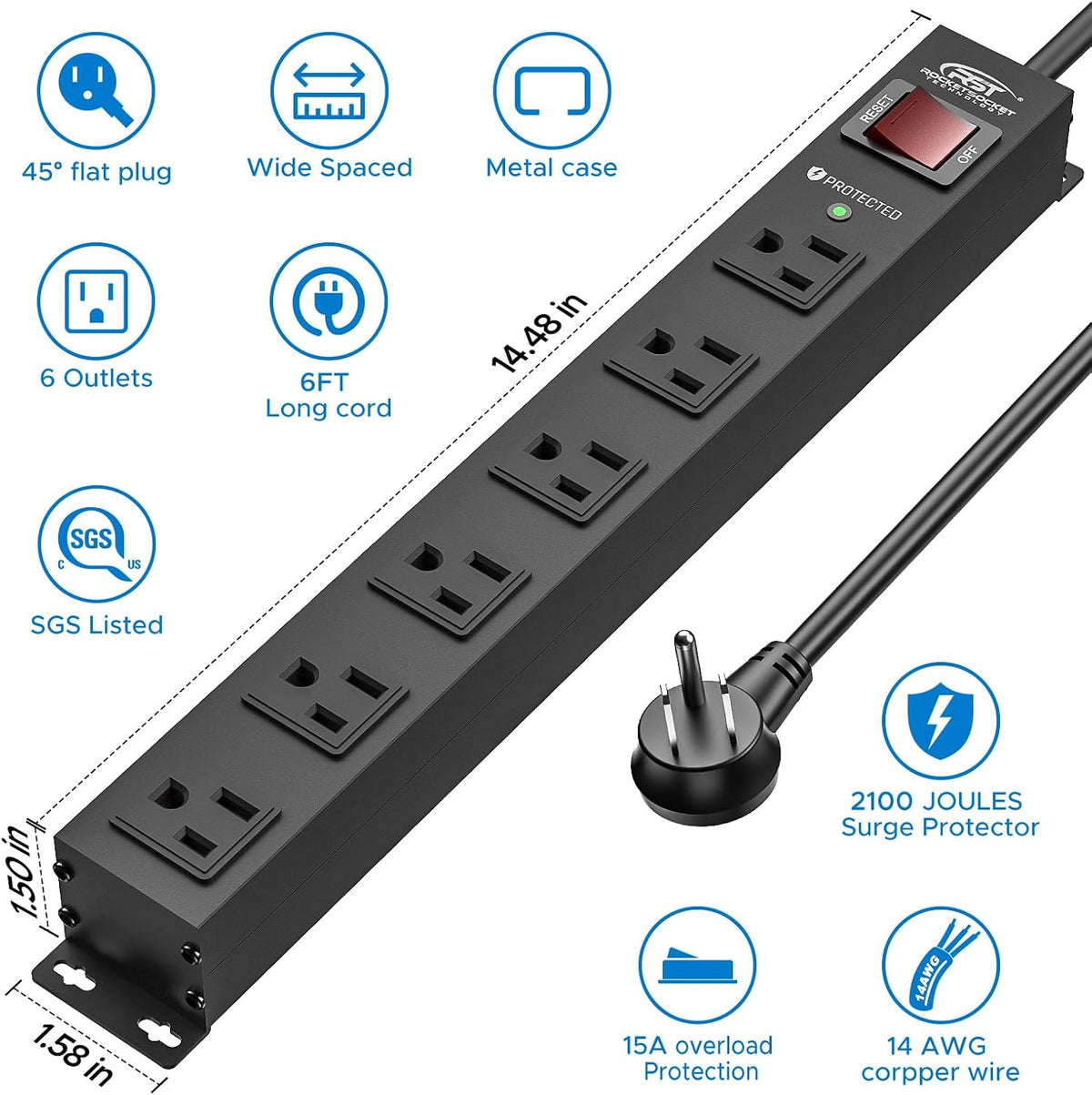 CRST 2Pack 6 Outlet Heavy Duty Power Strip with Switch 15A/1875W, 6FT Cord
