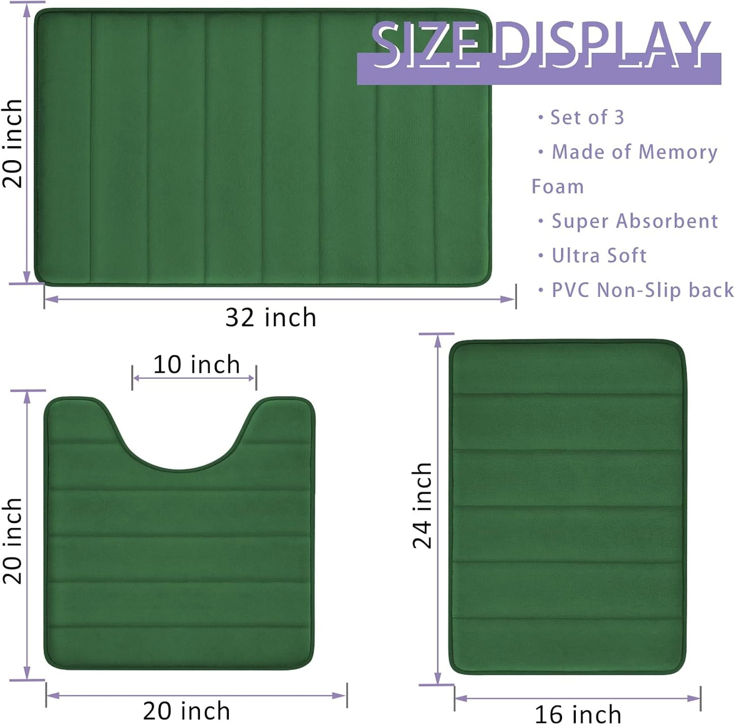 RUN HELIX Bath Mats for Bathroom Comfort Memory Foam Bath Rug Set 3 Piece Non-Slip Bathroom Mats,Absorbent Shaggy Rugs Super Soft U-Shaped Toilet Rug,Bathroo Carpets for Batoom,Tub,Shower,Dark Green
