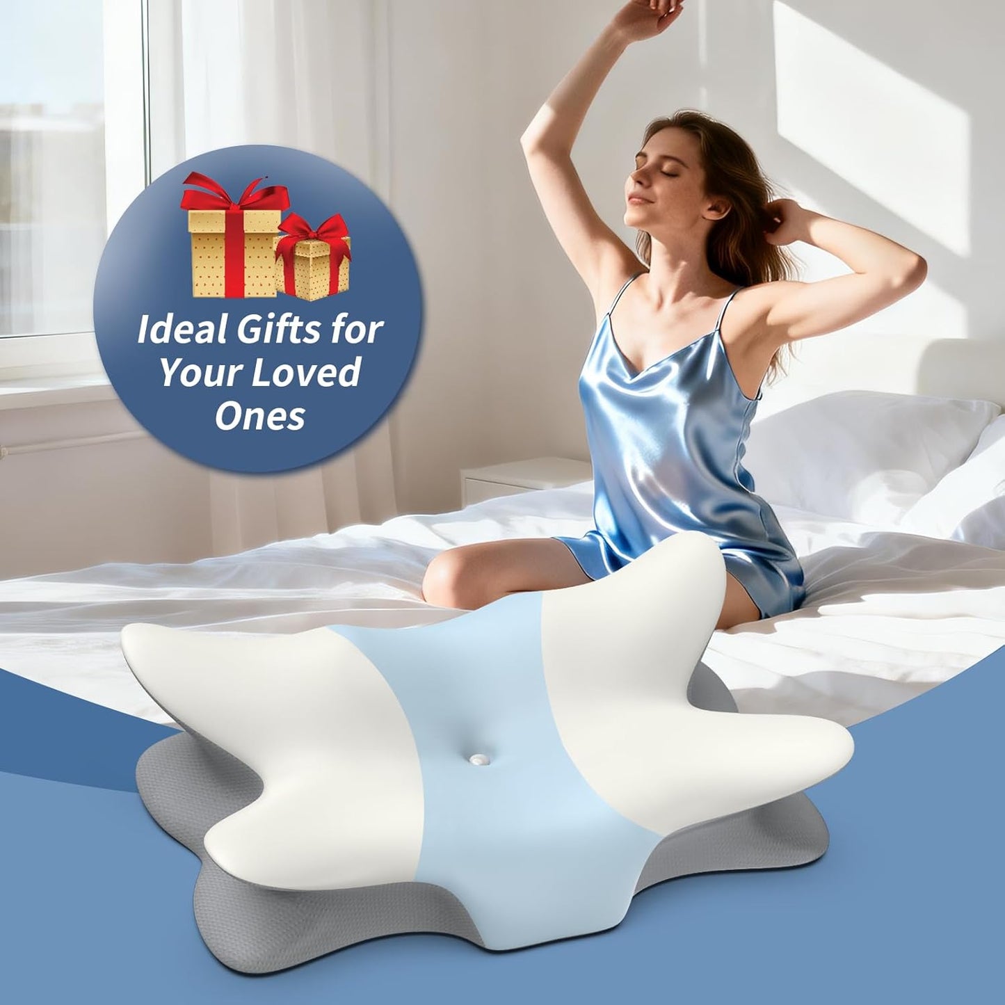 Cervical Pillow for Neck and Shoulder Pain Relief - Ergonomic Neck Pillow for Sleeping, Contour Memory Foam Pillows Side Sleeper Pillow, Bed Pillow for Side Back Stomach Sleepers(White & Blue)