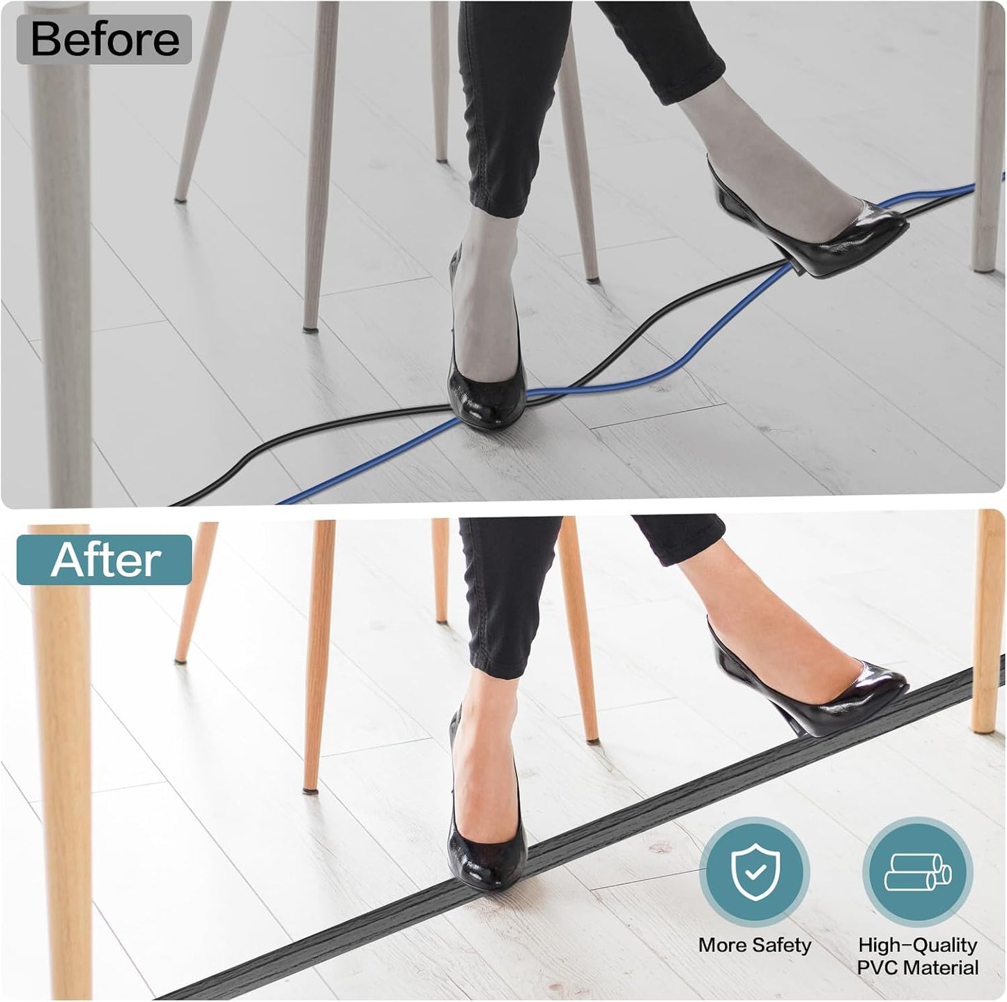 LSGCQ Floor Cord Cover Self Adhesive Cord Hider Floor Cable Management | Cord Covers for Wires on Floor Cable Cover, Prevent Cable Trips, Cable Cavity 0.32" W x 0.32" H, 20Ft, Deep Grey Wood