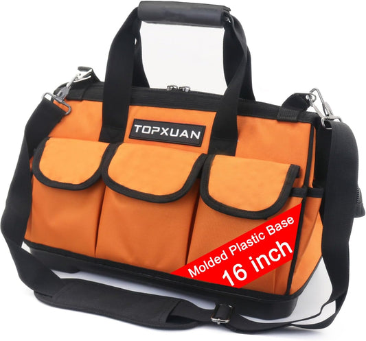 16 Inch Heavy Duty Tool Bag - Molded Plastic Base, Waterproof 900D Oxford Cloth, 16 Pockets Wide Mouth Tool Organizer with Shoulder Strap for Power/Hand Tools (Orange)