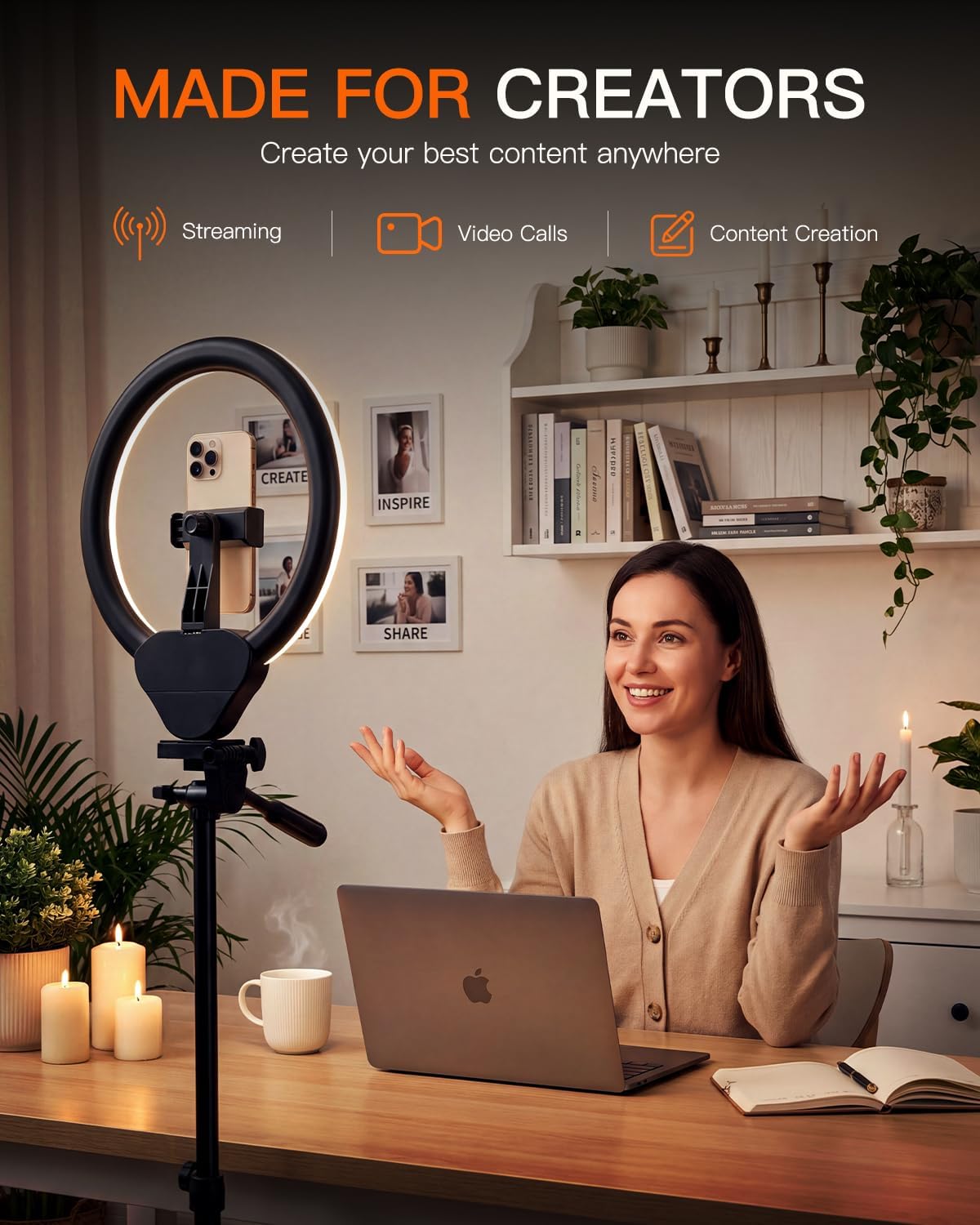 Sensyne Ring Light with Stand, 50" Phone Tripod for iPhone & Android, LED Ring Light with Remote, 3 Color Modes & 10 Brightness Levels for TikTok, Zoom & Video Recording