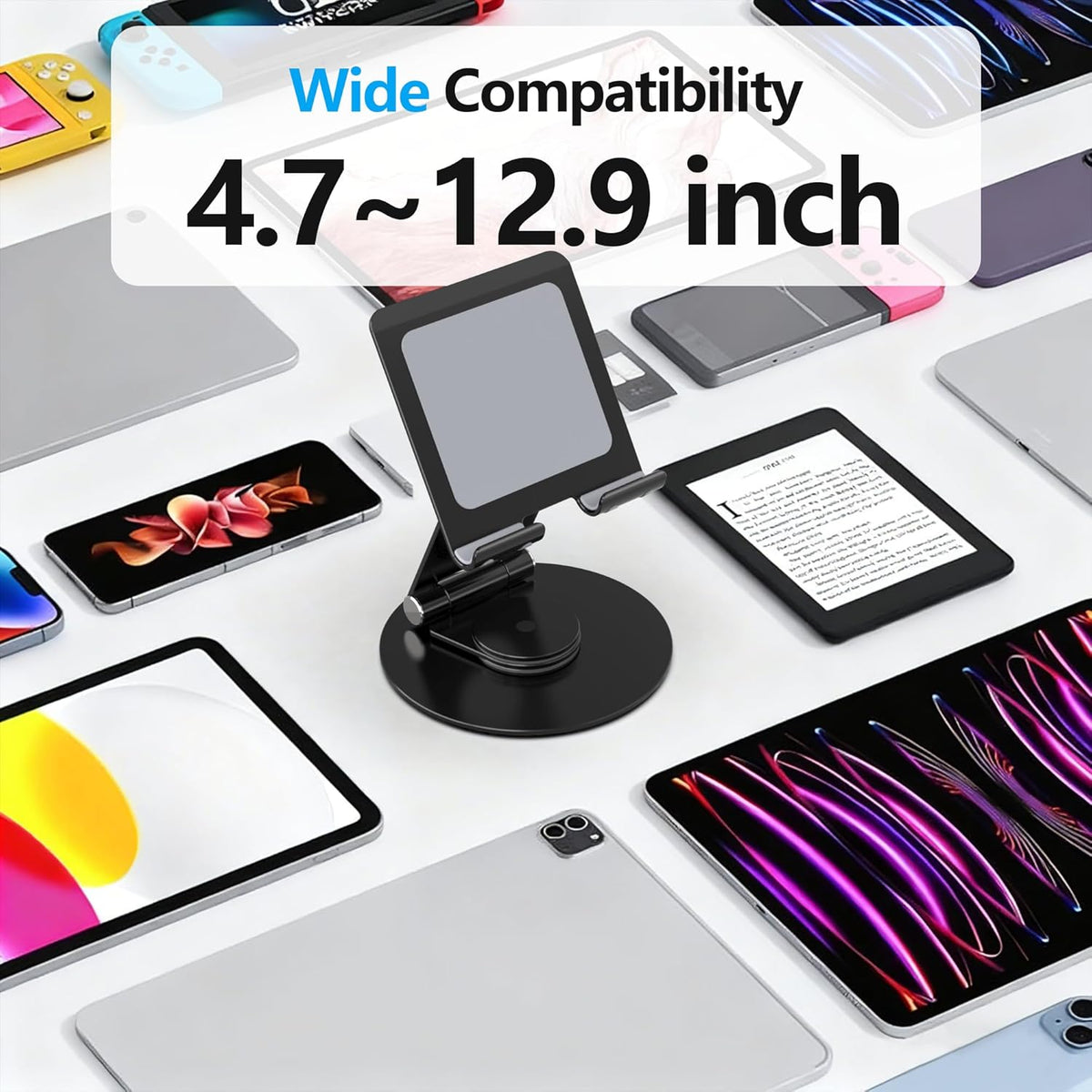 Swivel Tablet Stand, Aluminum Portable 360°Rotating Adjustable Tablet Holder for All 4-12.9’’ iPad Surface Samsung Phone Tablet Kindle E-Reader and More(Black)