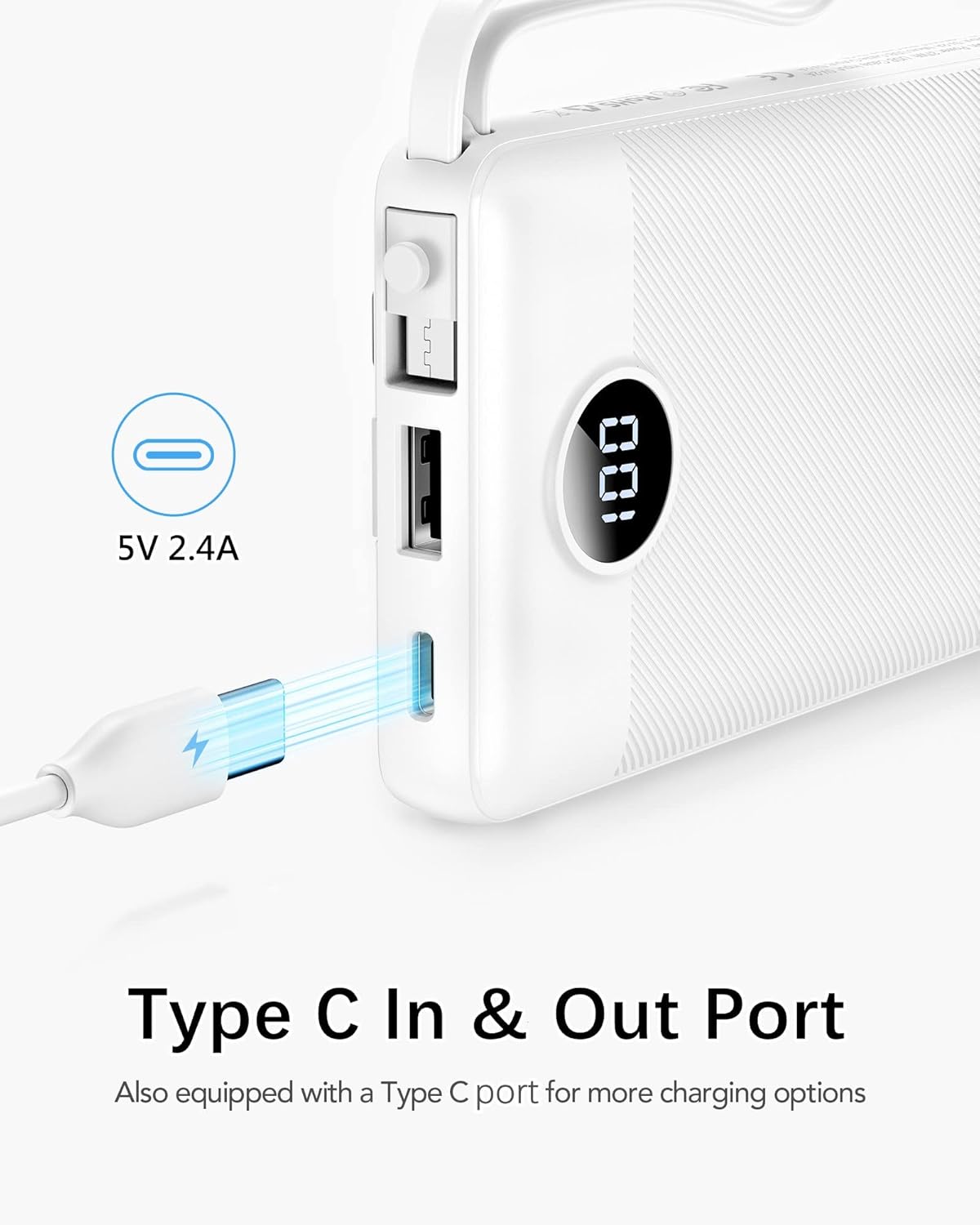 VRURC Portable Charger Built in Cables, Slim Power Bank 10000mAh, Multi Devices Charging Bank with Lanyard, USB C Battery Pack 5 Outputs for for All Cell Phones Devices, Samsung,Android-White(1 Pack)