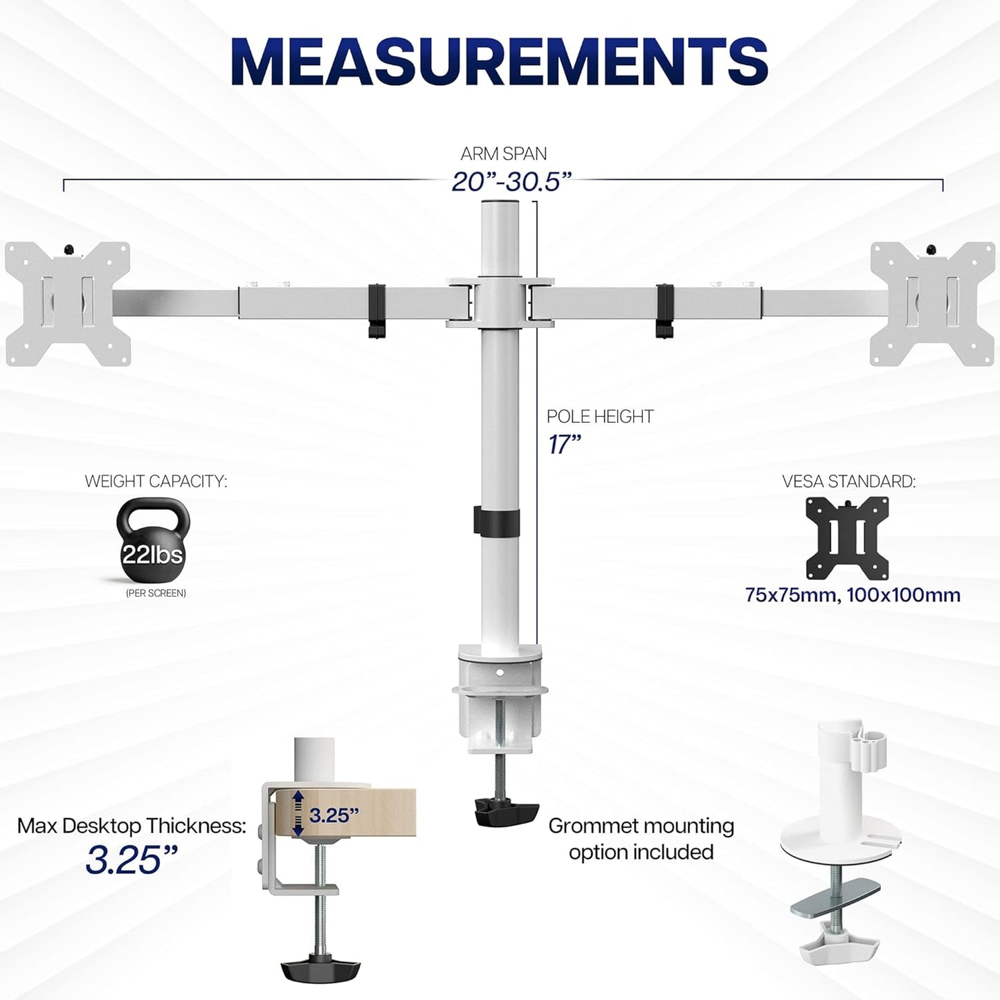 VIVO Dual LCD LED 21 to 32 inch Monitor Desk Mount, Heavy Duty, Adjustable Telescoping Arms, Flush Wall Setup, Fits 2 Screens, White, STAND-V002EW