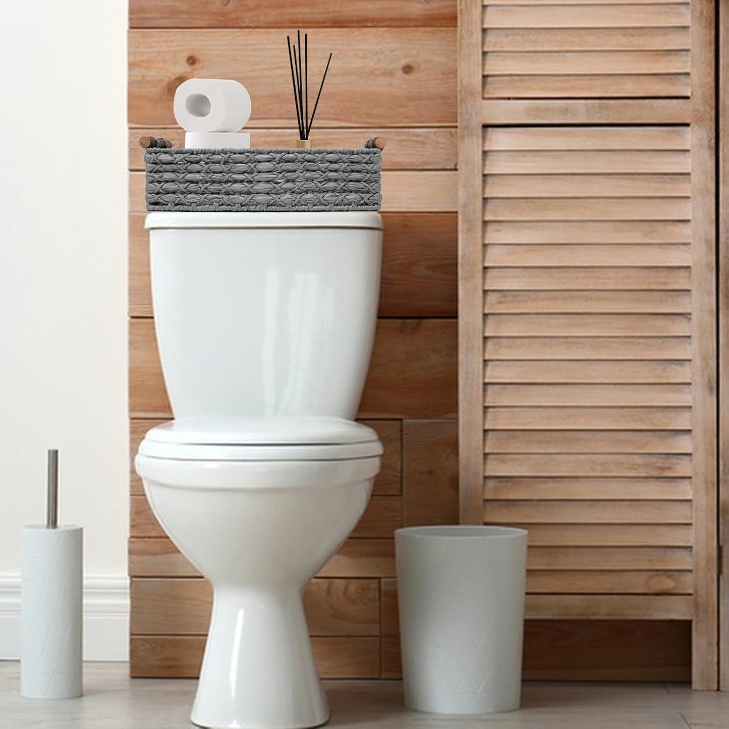Small Storage Basket Wicker Baskets for Organizing with Handle Decorative Storage Bin for Countertop Toilet Paper Basket for Toilet Tank Top Small Baskets,Light Grey