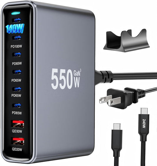 550W USB C Fast Charger Block, PD3.1 140W 8 Port USB Charging Station, GaN Ⅲ Pro PD PPS Fast Charging Station for Multiple Devices,Laptop Wall Charger Compatible with iPhone 17/iPad/MacBook etc