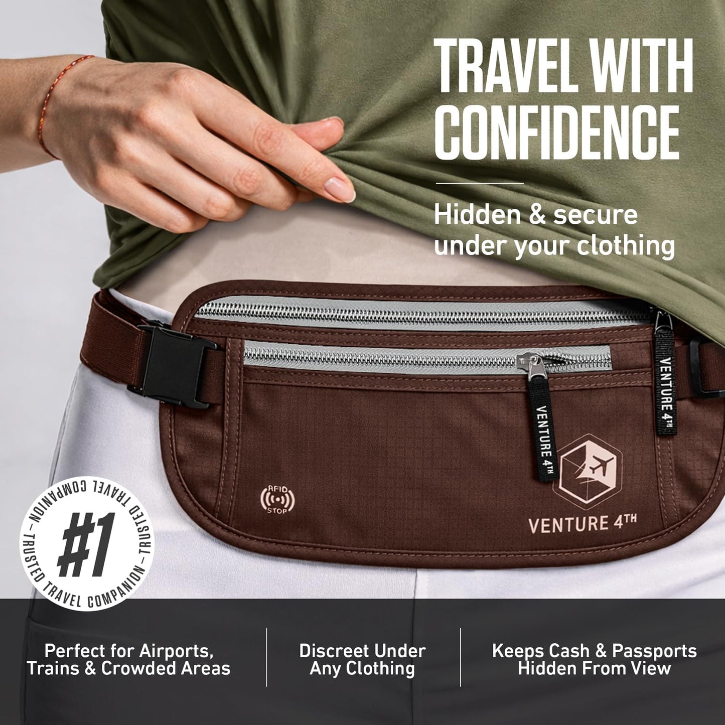 VENTURE 4TH Money Belt for Travel – Slim Hidden Under-Clothes RFID Blocking Anti-Theft Passport Holder & Travel Wallet Pouch for Men & Women to Protect Cash, Cards & Documents (Brown)