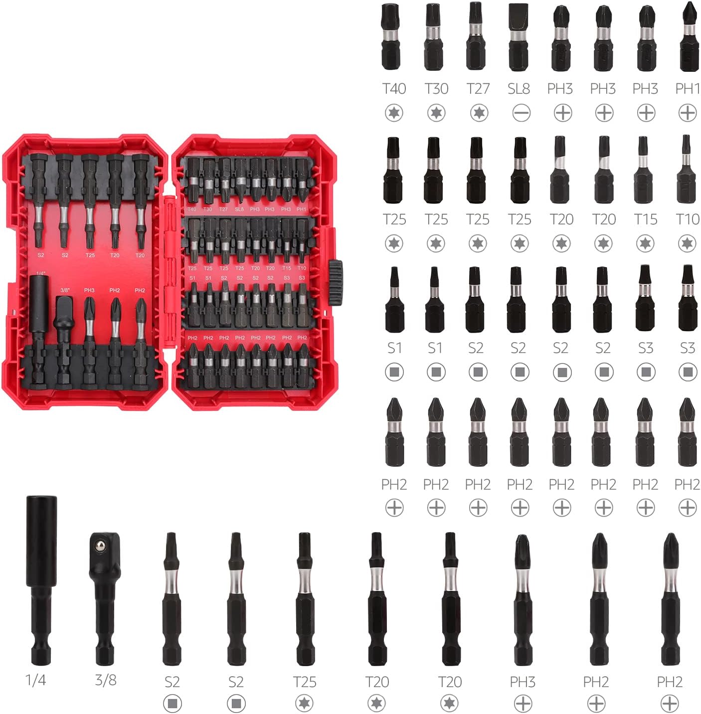 Amazon Basics 42-Piece Impact Screwdriver Bit Set with Phillips, Slotted and Torx Bits, Portable Storage Case