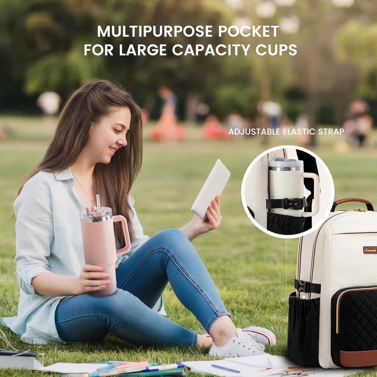 LOVEVOOK Laptop Backpack for Women with Pouch Pocket for Large Capacity Cup,15.6 Inch Teacher Nurse College Work Travel Backpack Purse,Waterproof Laptop Computer Bags,Beige-Black-Brown+Diamond-shaped