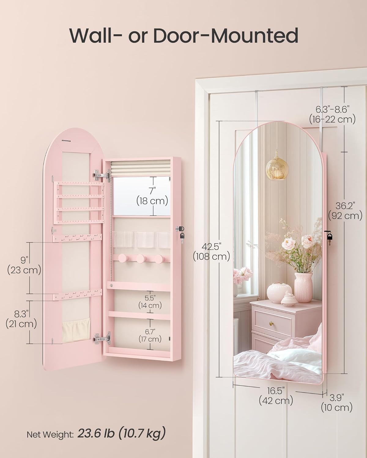 SONGMICS Wide Jewelry Organizer, LED Jewelry Cabinet Wall/Door Mounted, Arched Mirror with Storage, Lockable, Rounded Corner, Interior Mirror, 3.9 x 16.5 x 42.5 Inches, Jelly Pink UJJC020SA01S