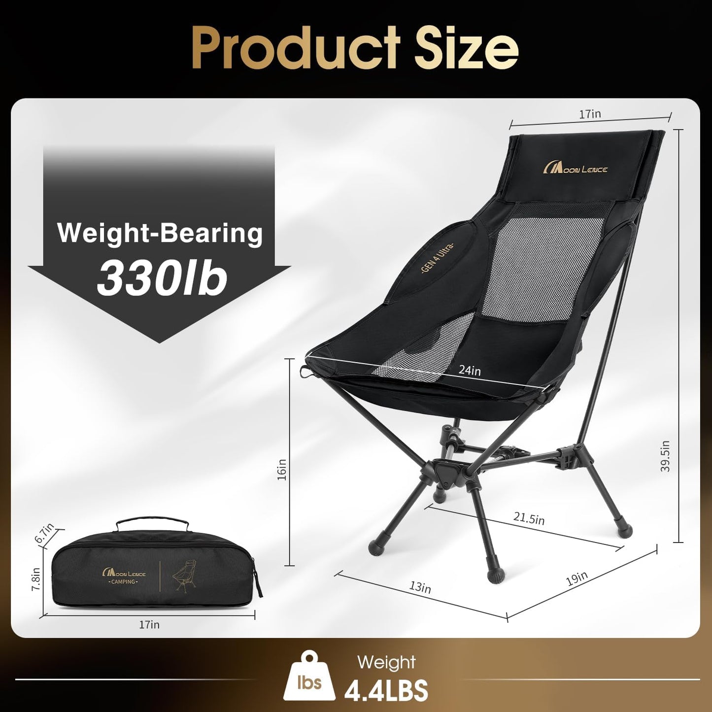 MOON LENCE High Back Folding Camping Chair, 330lbs Portable Compact Chair with Wide Seat & Ergonomic Back Support (Black)