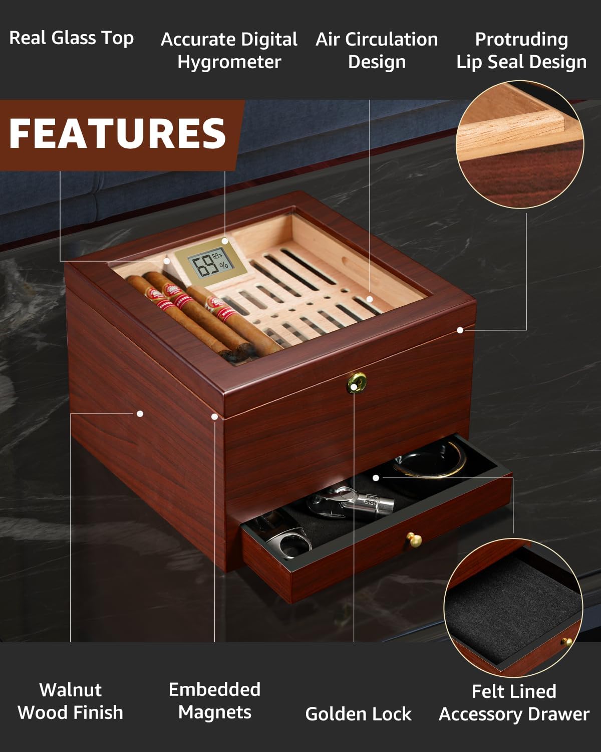 Flauno Cigar Humidor with Air Circulation System, Hold 40 Rubustos, Thicker Spanish Cedar, Accurate Digital Hygrometer, Drawer, Humidifier, Divider, Lock, Gift for Cigar Lovers