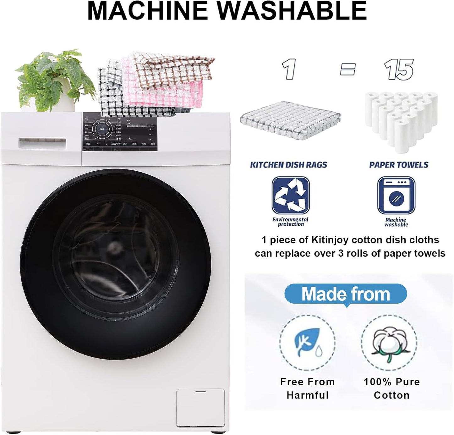 Kitinjoy Cotton 8 Pack Terry Kitchen Dish Cloths, 12 x 12 Inches Super Soft and Absorbent Dish Rags, Quick Drying Dish Towels for Washing Dishes, Grey