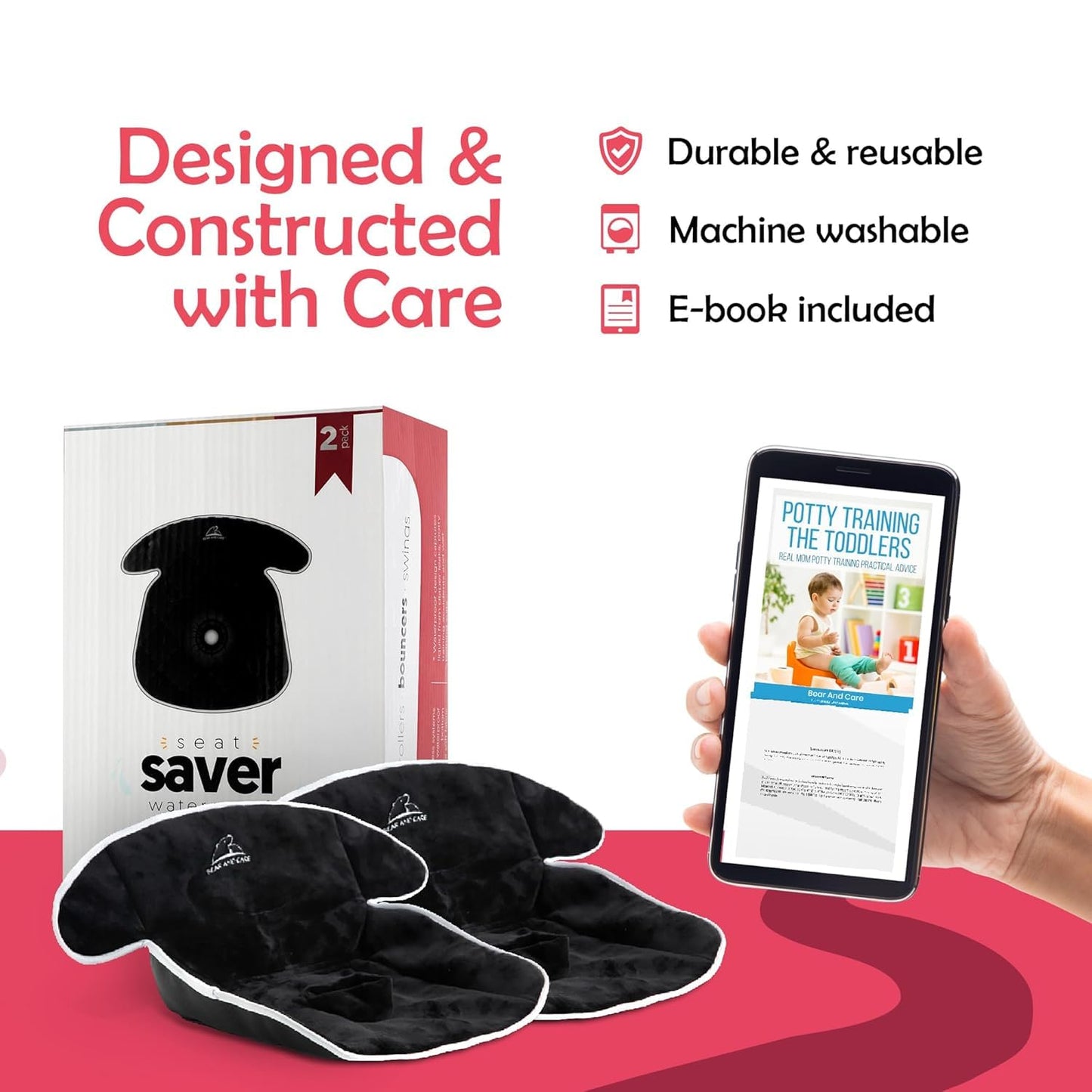 Bear and Care - Piddle Pads - Strollers, Bouncers & Car Seat Pad, Waterproof & Machine-Washable Cover on Car Potty for Toddler Toilet Training (Black, Pack of 2)