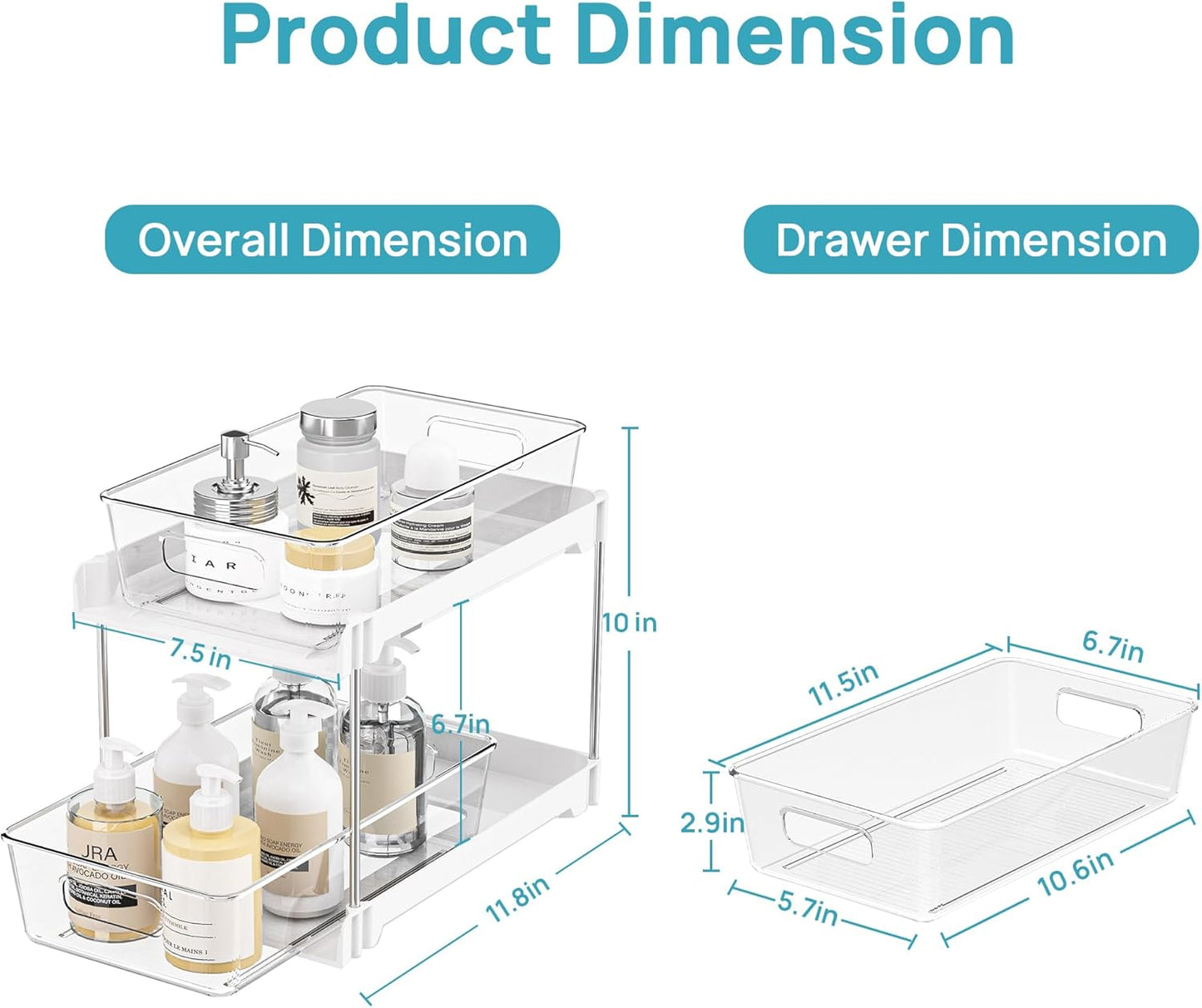 Vtopmart 2 Pack Bathroom Organizer, 2 Tier White Under Sink Organizers Vanity Countertop Storage Container,Cabinet Drawers Bins, Pull-Out Organization with Track for Pantry, Kitchen