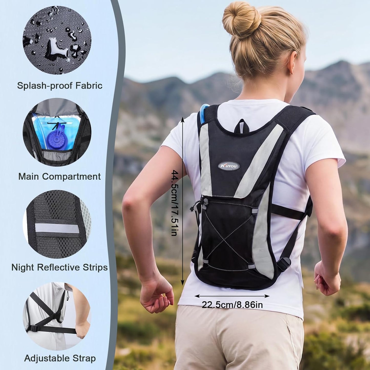 KUYOU Running Hydration Vest - Lightweight Insulated Hydration Backpack with 2L Water Bladder, Adjustable Chest Straps and Reflective Water Backpack for Running Marathon Race Hiking Cycling