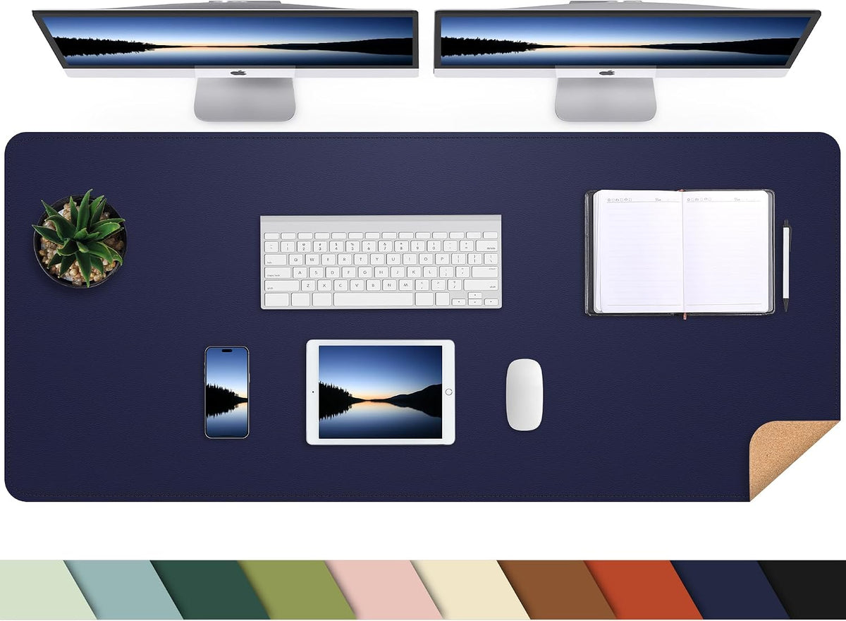 AFIING Leather Desk Pad Protector, Large Desk Mat with Natural Cork & PU Leather, Mouse Pad, Non-Slip, Waterproof Desk Writing Pad for Office and Home Blue