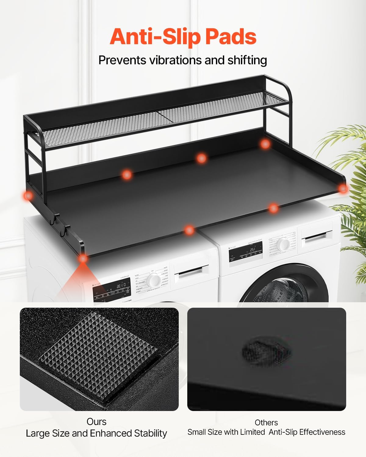 VEVOR Washer Dryer Countertop with 2-Tier Shelf, 54" x 27" Wooden Washer and Dryer Countertop with Anti-Slip Pads, Water-Resistant Laundry Topper Cover for Laundry Room Organization and Storage, Black