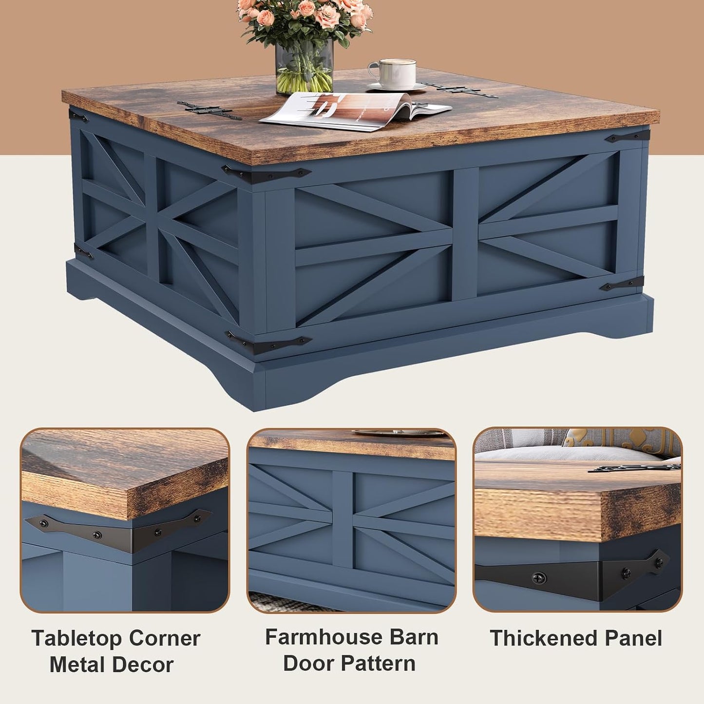 MXV Farmhouse Coffee Table with Storage, Square Coffee Tables for Living Room, Rustic Wood Center Table with Hinged Lifting Tabletop for Home, Blue