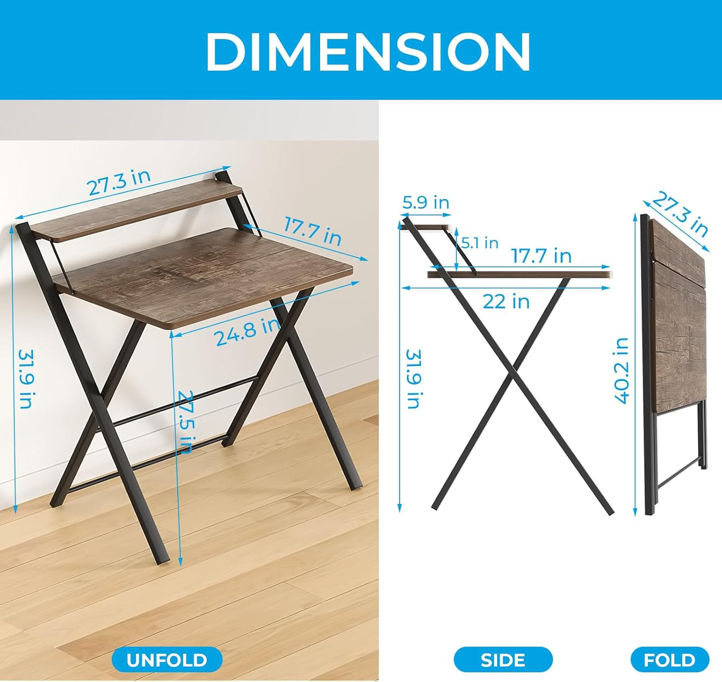 GreenForest No Assembly Folding Desk, 2-Tier Compact Computer Desk with Shelf, Space Saving Foldable Table for Home Office, Dorm or Apartment, Portable Collapsible Sturdy Laptop Desk, Brown