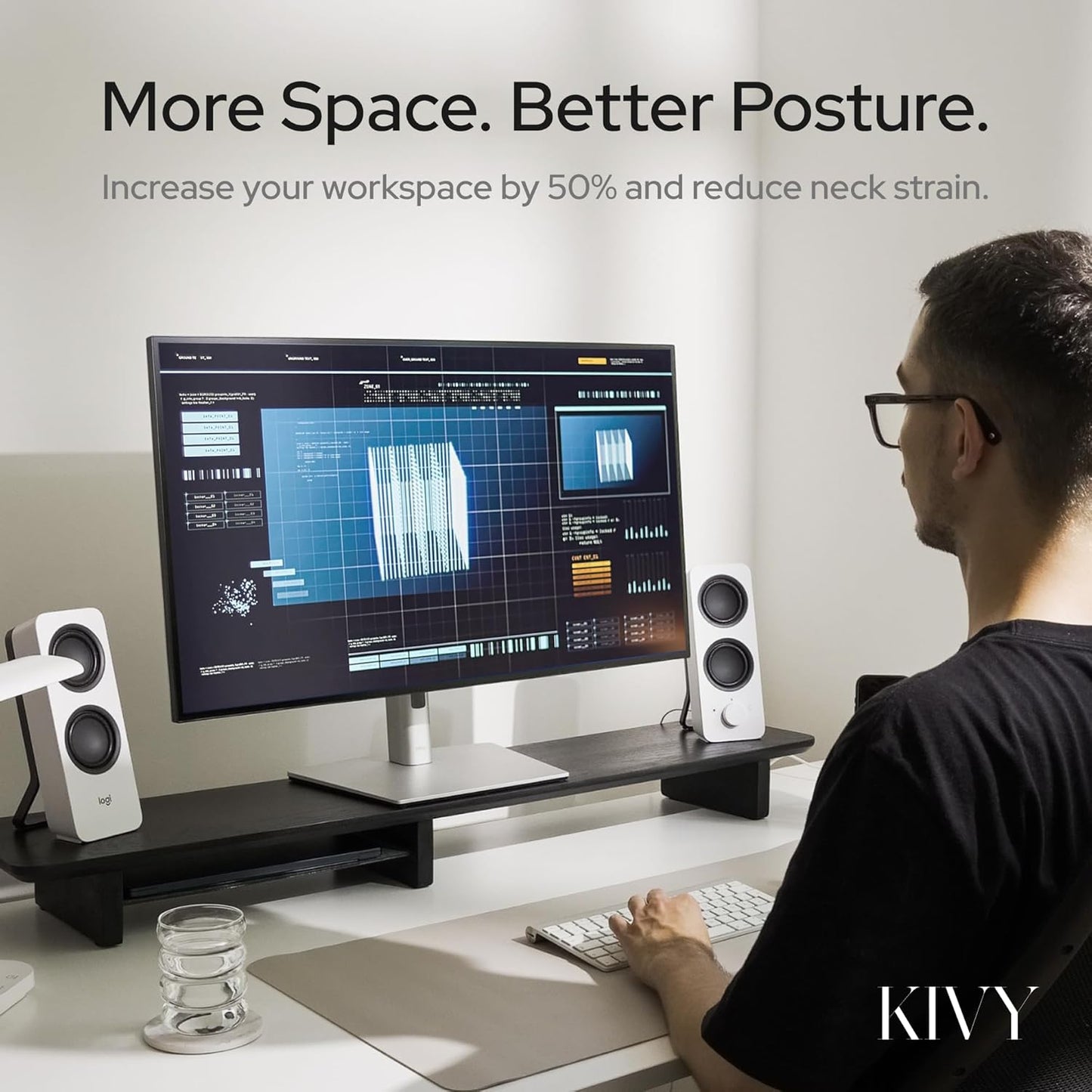 KIVY Dual Monitor Riser with Integrated Metal Shelf - Wooden desk shelf for top of desk - Wood monitor stand for desk 2 monitors / tv - Dual monitor stand riser for desk - Large walnut monitor stand