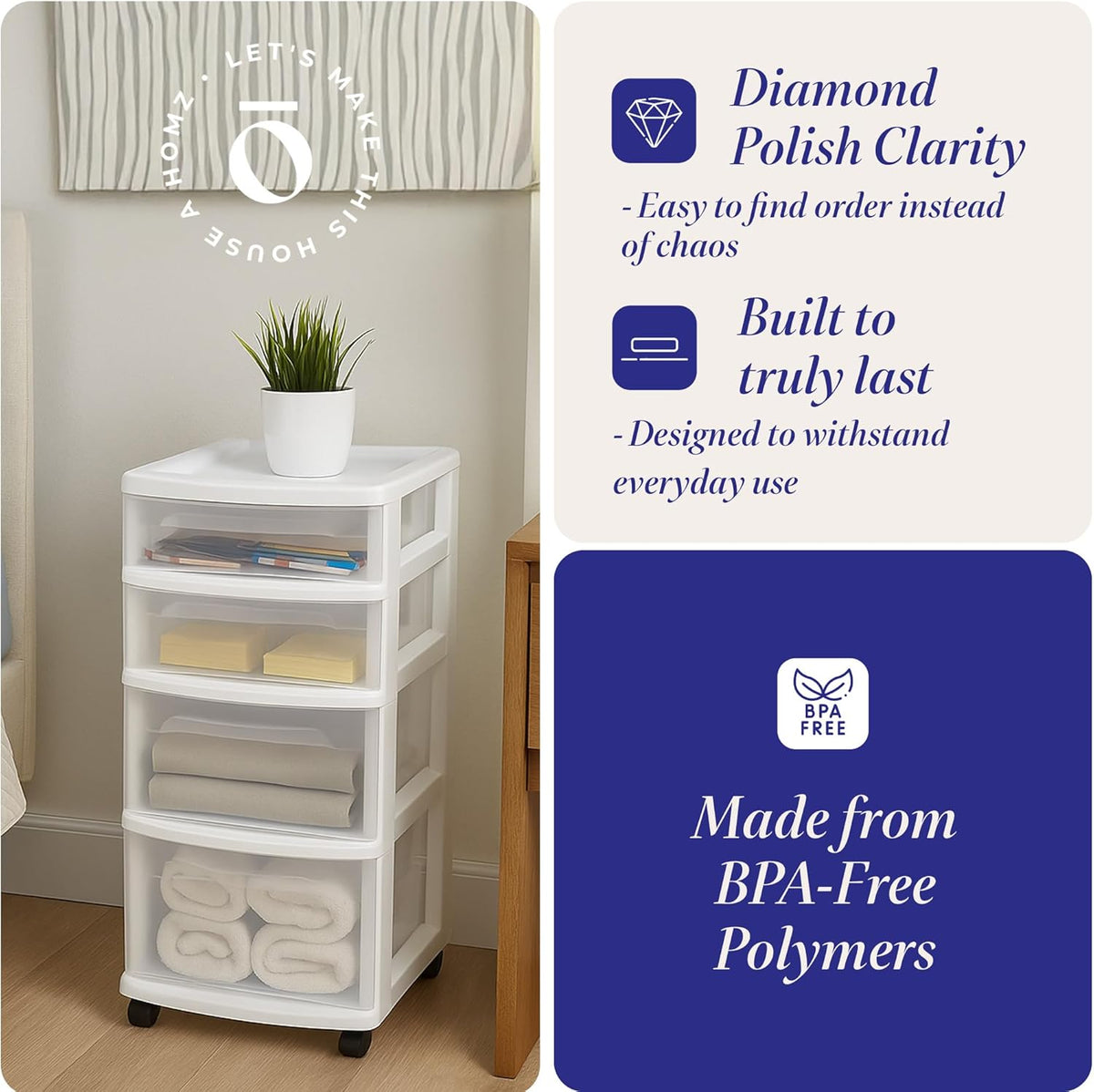 HOMZ Drawer Tower, 4-Tier Clear Plastic Storage Organizer Cart, White Frame - Rolling Drawers with Wheels for Desk, Dresser, Cabinet, Bedroom, Bathroom, Classroom, and Office Organization