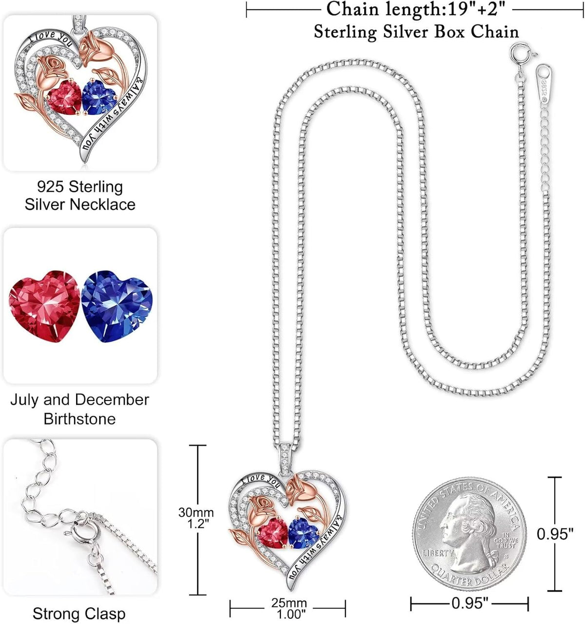 Iefil Birthstone Necklace for Women - Rose Heart Necklace
