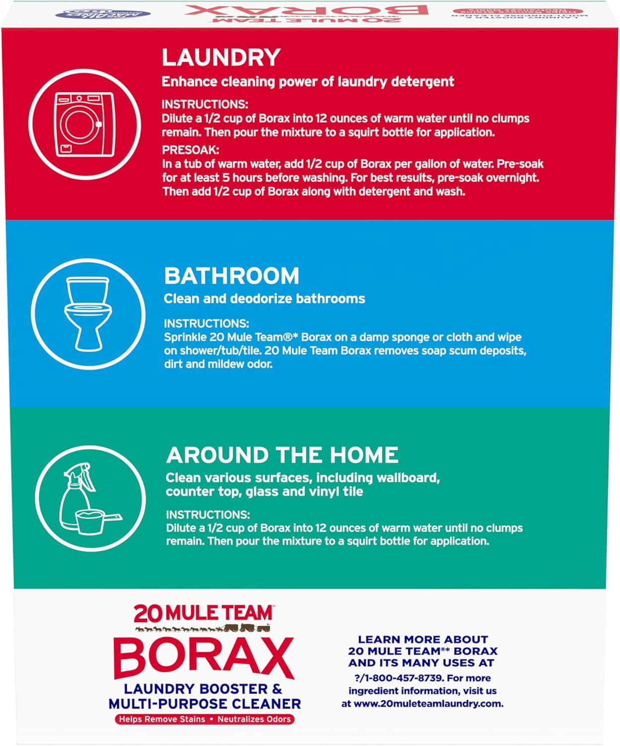 20 MULE TEAM Borax Powder, 65 Ounce, 4 Count, All Natural Laundry Booster & Multi-Purpose Household Cleaner for Kitchen and Bathroom, Stain & Odor Fighter, Helps Deodorize & Freshen