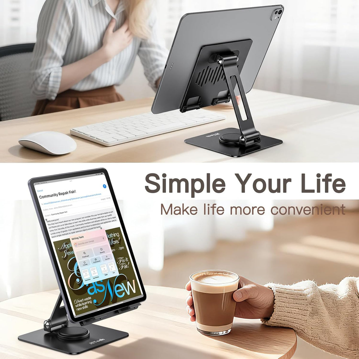 JETech Tablet Stand, Adjustable Swivel Desktop Holder with 360 Degree Rotating Base, Foldable Cradle for iPad/iPad Air/Pro/Mini, Galaxy Tab A11/A9/S11/S10 FE, Tab/Phones(4-13"), Black