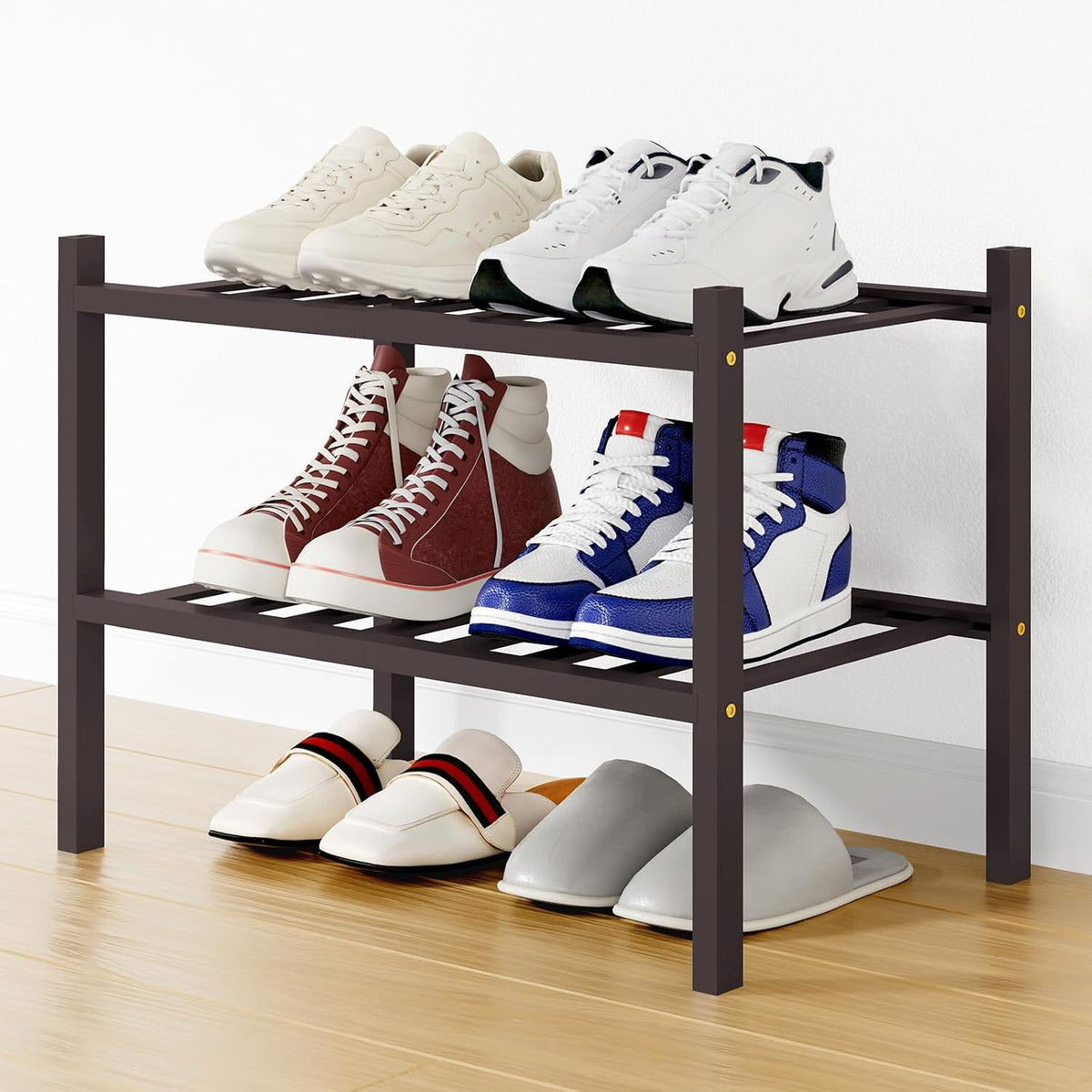 Smiry Bamboo Shoe Rack, 8 Vertical Slats, 2 Tier - 17.3" Wide, Brown