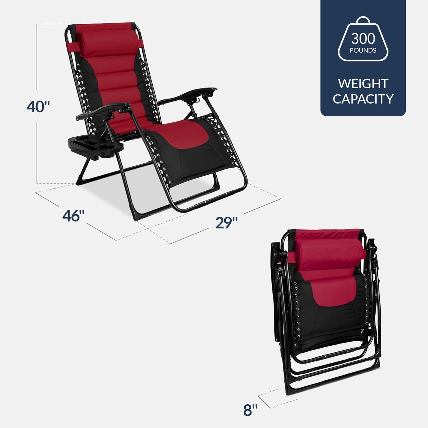 Best Choice Products Oversized Padded Zero Gravity Chair, Folding Outdoor Patio Recliner, XL Anti Gravity Lounger for Backyard w/Headrest, Cup Holder, Side Tray, Polyester Mesh - Burgundy